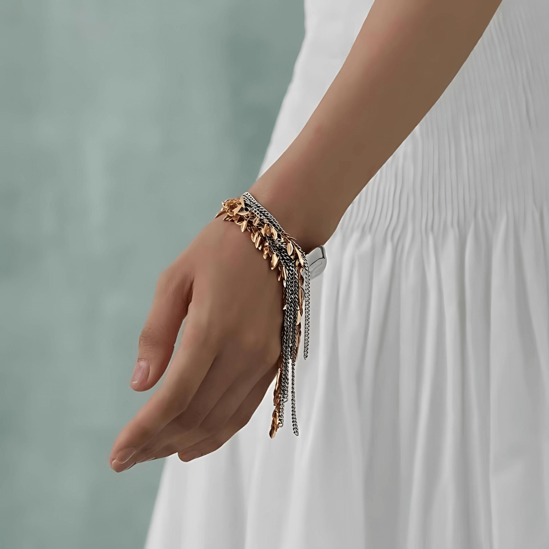 Exaggerated Metallic Two-Tone Leaf Statement Bracelet | R099 | Elegant Jewelry for Women, Perfect for Parties, Weddings & Special Occasions