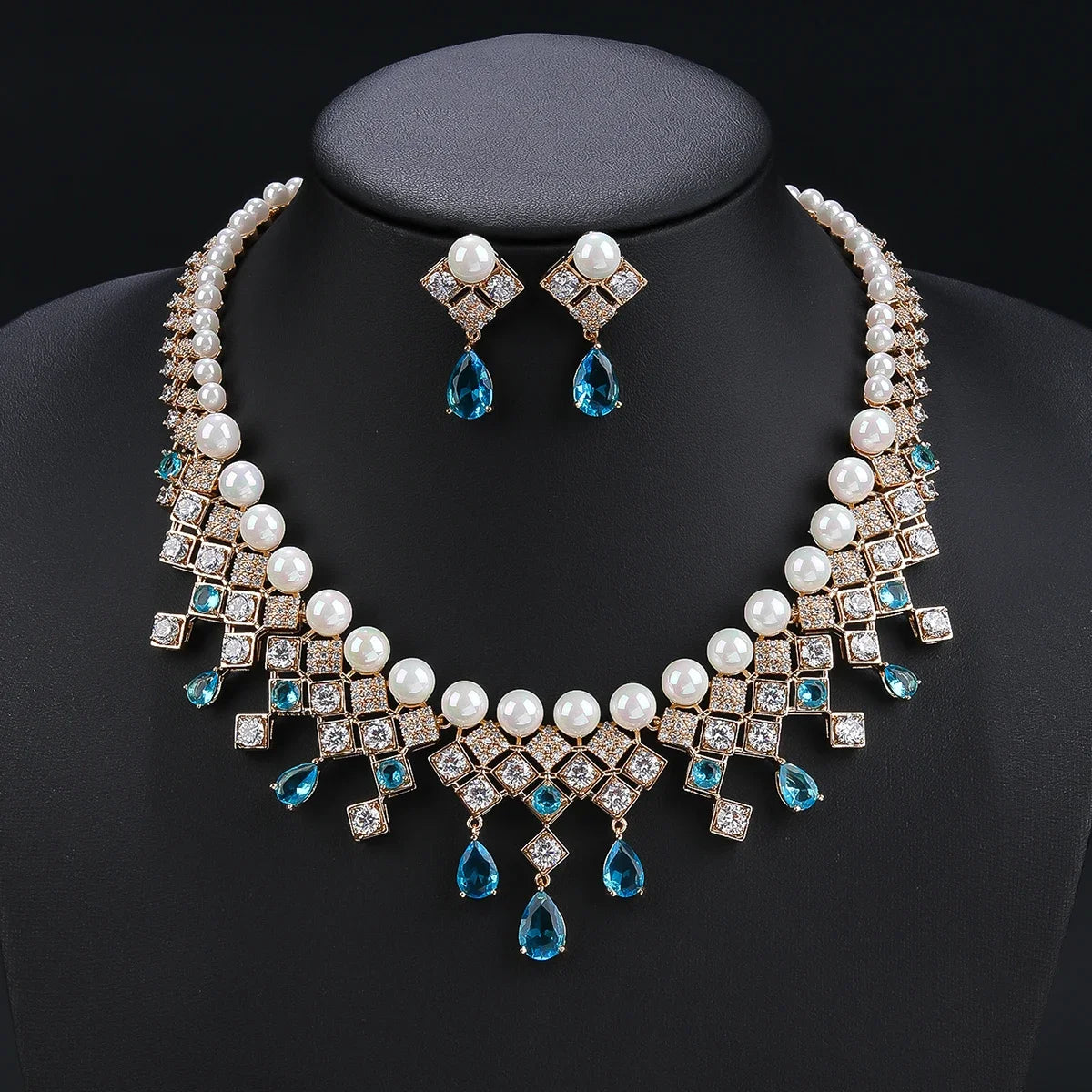 Luxury 2Pcs Pearl & Cubic Zirconia Necklace Earrings Set for Women - White, Red, Blue Jewelry for Wedding, Party & Special Occasions | Elegant Bridal & Evening Wear Accessories