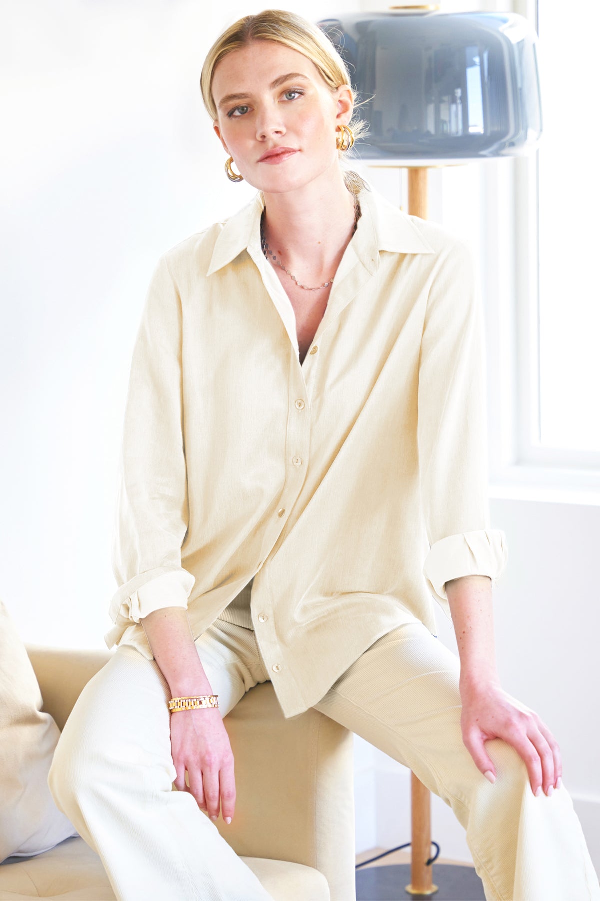 Mini Monica Cream Washed Cupro Button Down Blouse for Women - Elegant Office Wear & Casual Outfits | Perfect for Business Meetings, Dates, and Everyday Style
