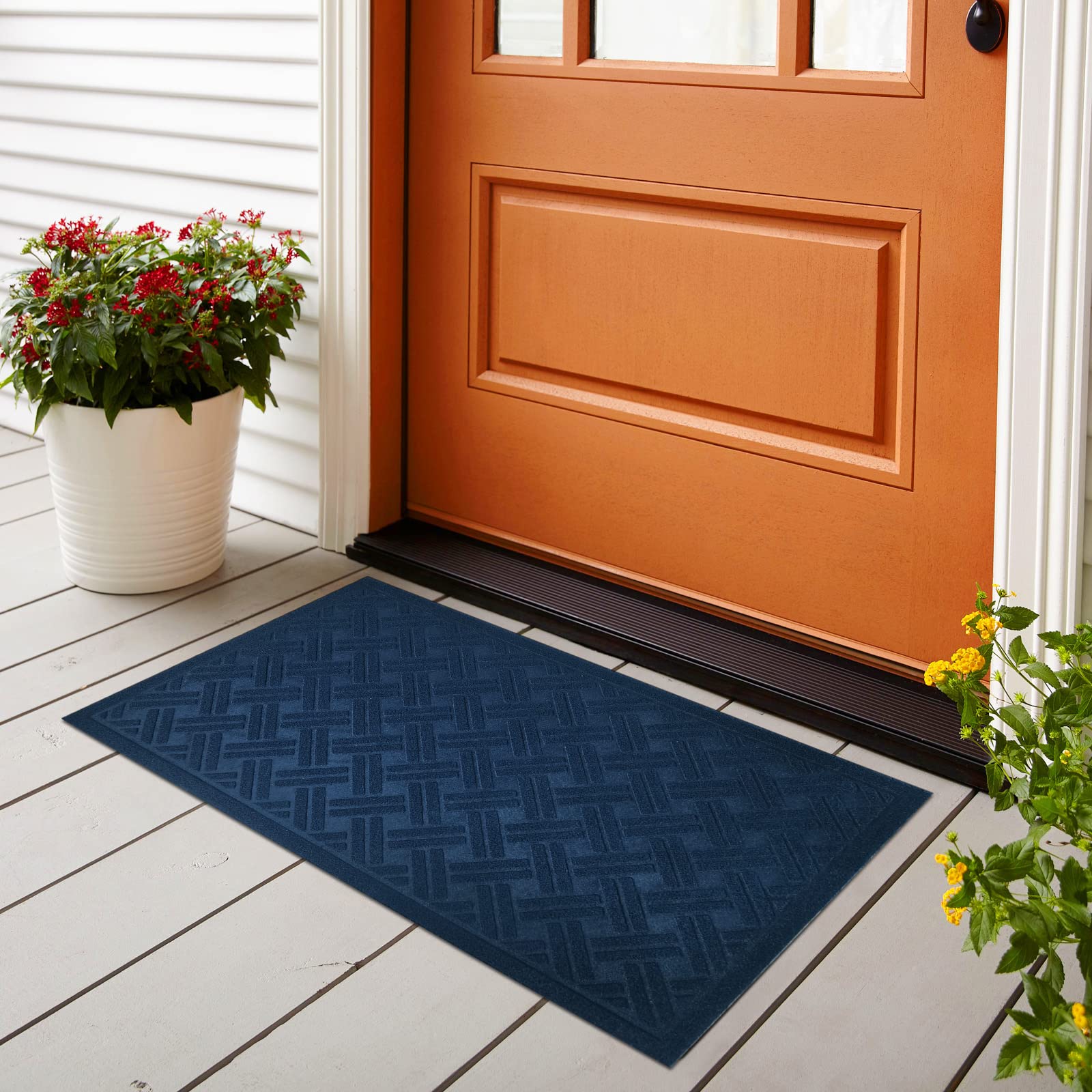 Waterproof Front Door Mat Outdoor - Non-Slip Entrance Rug with Cross Hatch Design for Shoes, Dirt and Mud Trapping - Washable Low Profile Doormat for Patio, Porch & Garage (Dark Blue) - Perfect for High Traffic Areas & All Weather Conditions