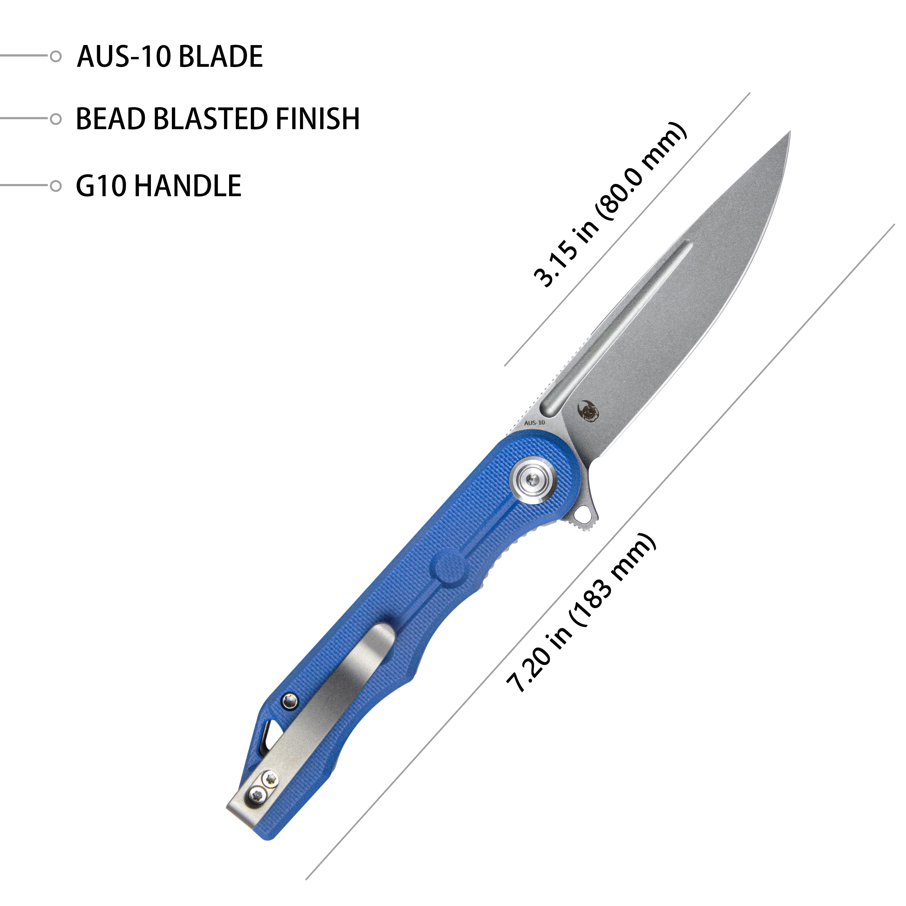 Premium Mizo Liner Lock Flipper Folding Knife - Blue G10 Handle, 3.15