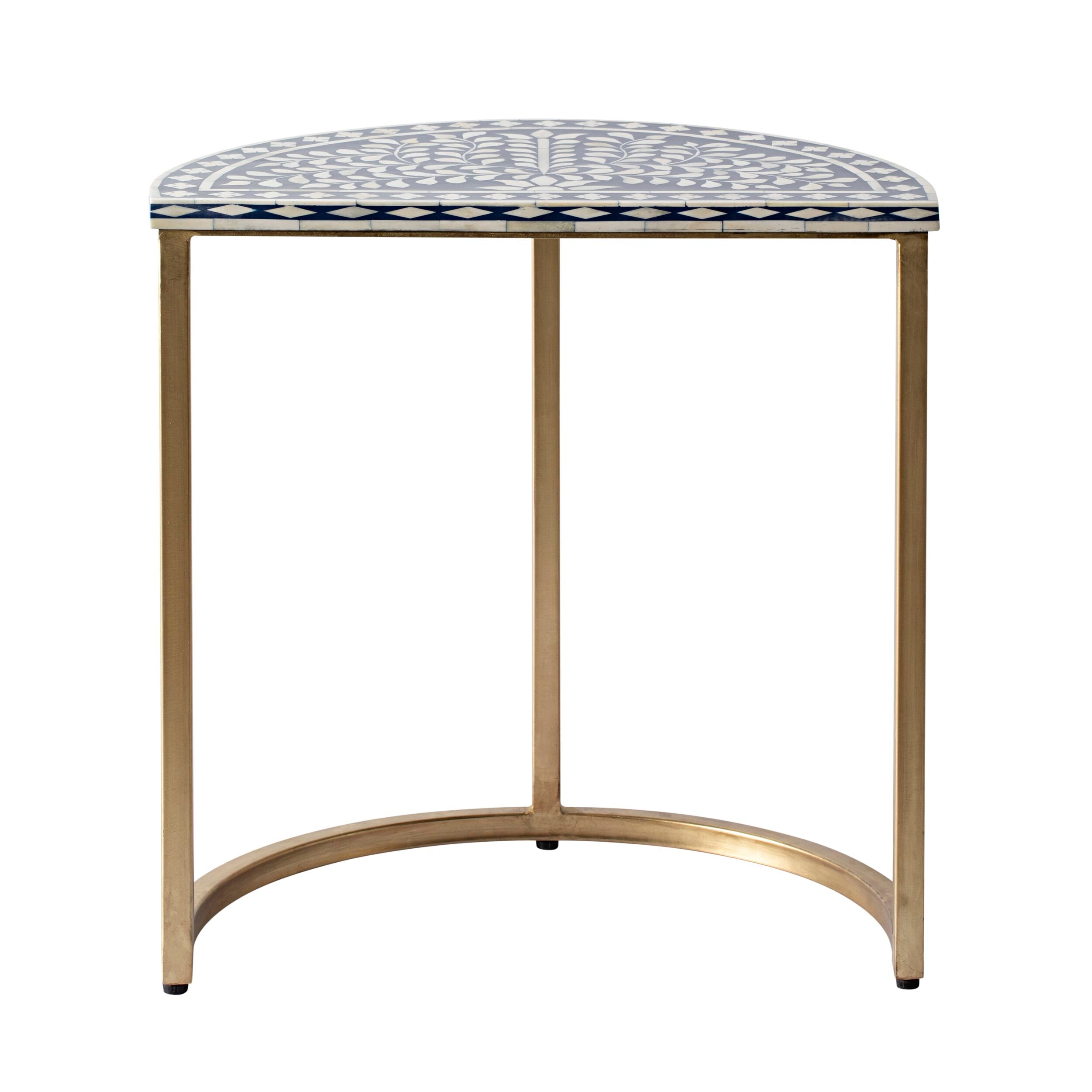 Handcrafted Bone Inlay Half Moon Side Table - Blue & Gold Accent - 21