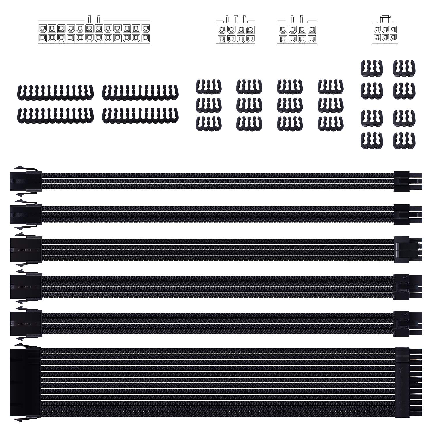 Premium Sleeved PSU Cable Extension Kit - 24-Pin, 8-Pin, 6-Pin, 4+4-Pin Connectors with Cable Combs - 11.8 inch (30cm) Black for Custom PC Builds & Gaming Rigs