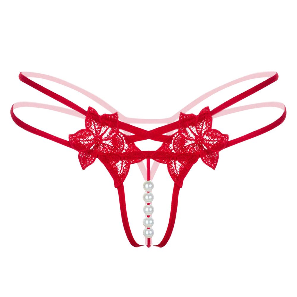 Sexy Lace Thongs for Women - Pearl Embellished G-String Underwear, Low Waist Lingerie (4 Pack, Red, One Size) | Perfect for Valentine's Day, Honeymoon & Romantic Nights