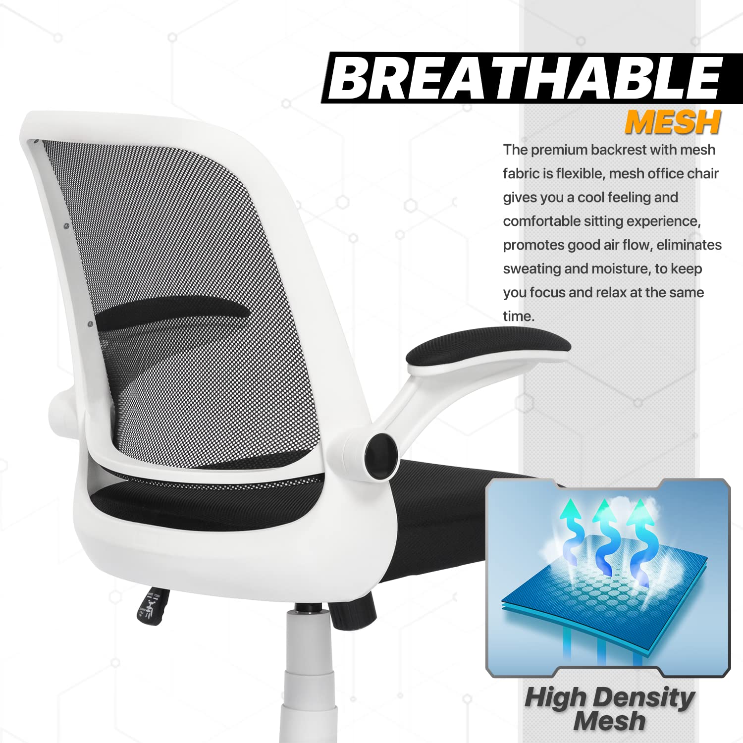 Mesh Office Chair with Flip-Up Arms & Wheels - Ergonomic for Home & Work, Black