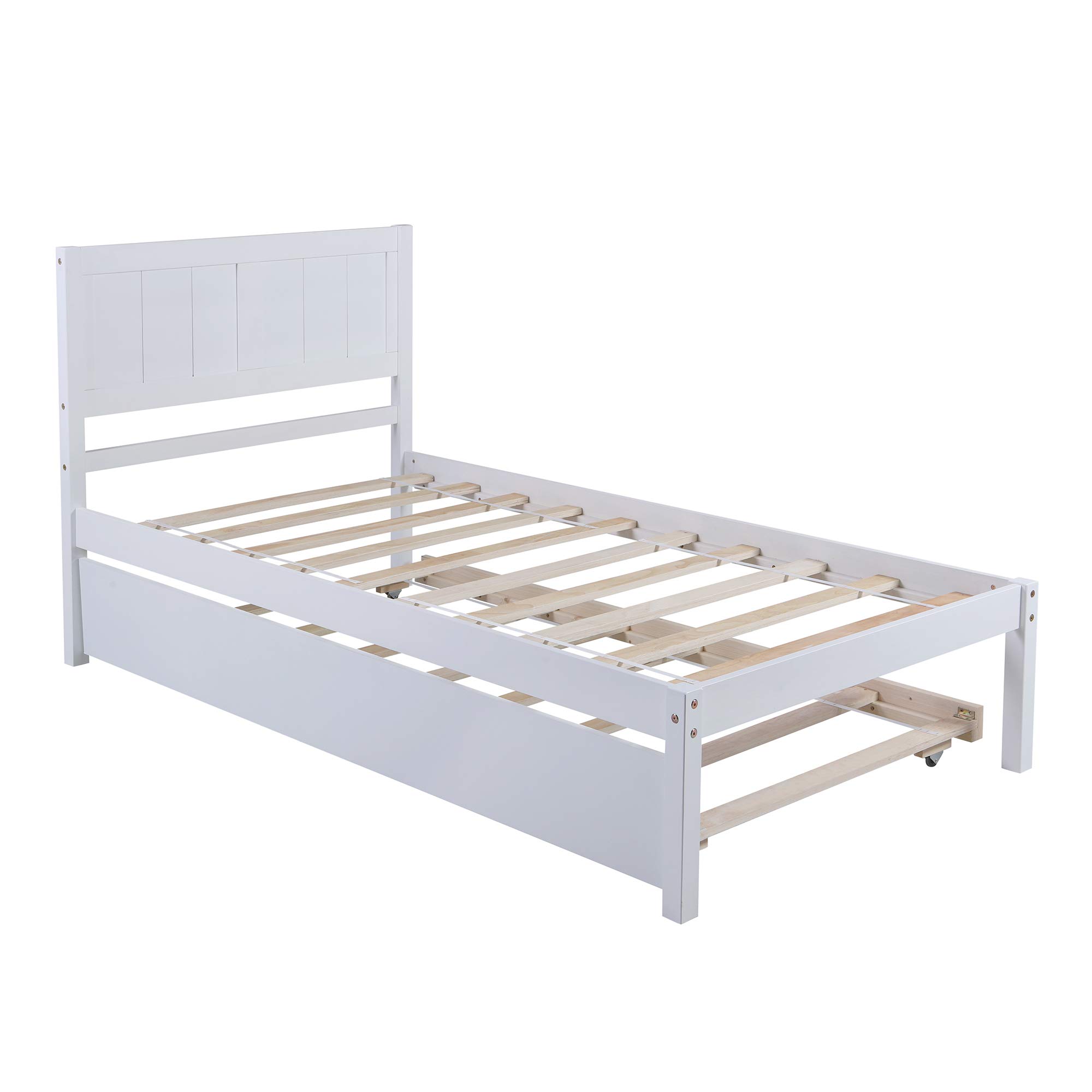 Twin Size Wooden Platform Bed Frame with Headboard & Trundle - No Box Spring Required, Easy Assembly (White) - Perfect for Kids Rooms, Guest Beds & Small Space Living