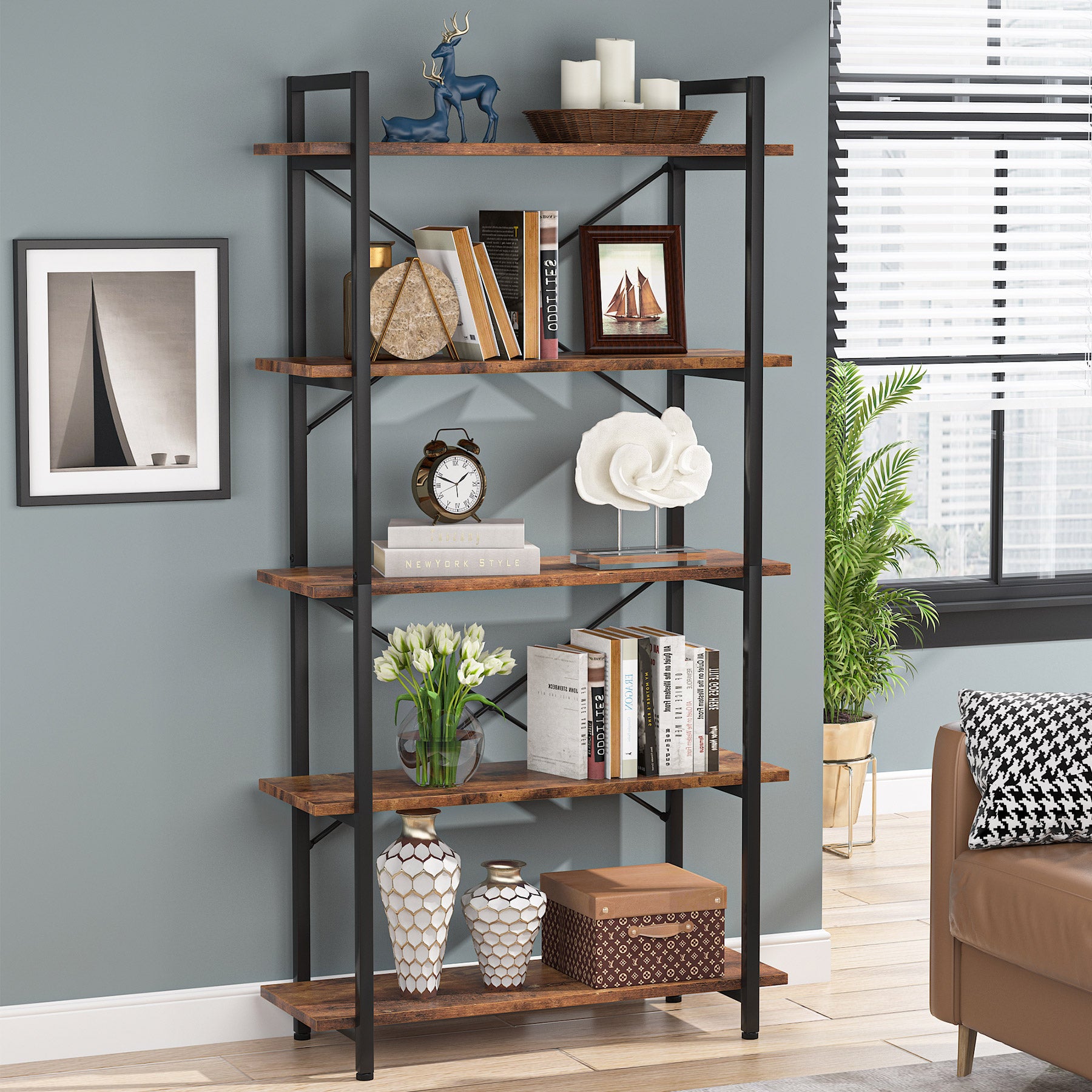 5 Tier Industrial Bookshelf - Brown Wooden Bookcase Display Shelf Unit for Living Room, Office & Home Decor
