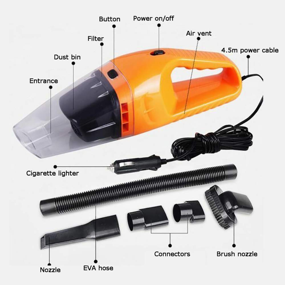 MASO 120W Handheld Vacuum Cleaner - Portable Wet/Dry Dust Cleaner for Car, Home & Vehicle (Orange) | Compact Car Vacuum for Pet Hair, Crumbs & Spills