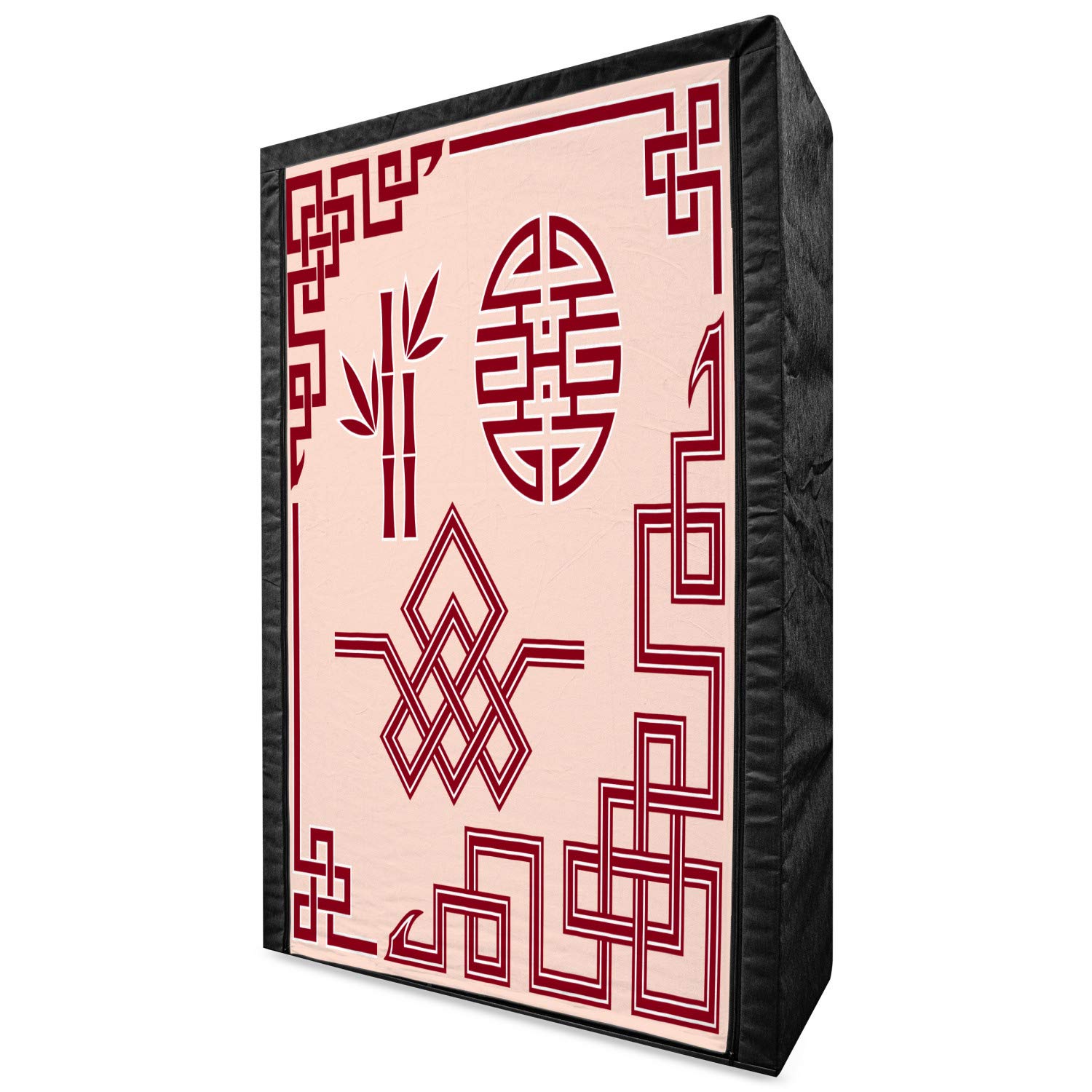 Ambesonne Asian Portable Fabric Wardrobe with Oriental Design - Traditional Eastern Knot & Bamboo Pattern Closet Organizer with Shelves, 42.5 Inch, Peach & Ruby - Perfect for Bedroom, Closet, Dorm Room Storage and Organization