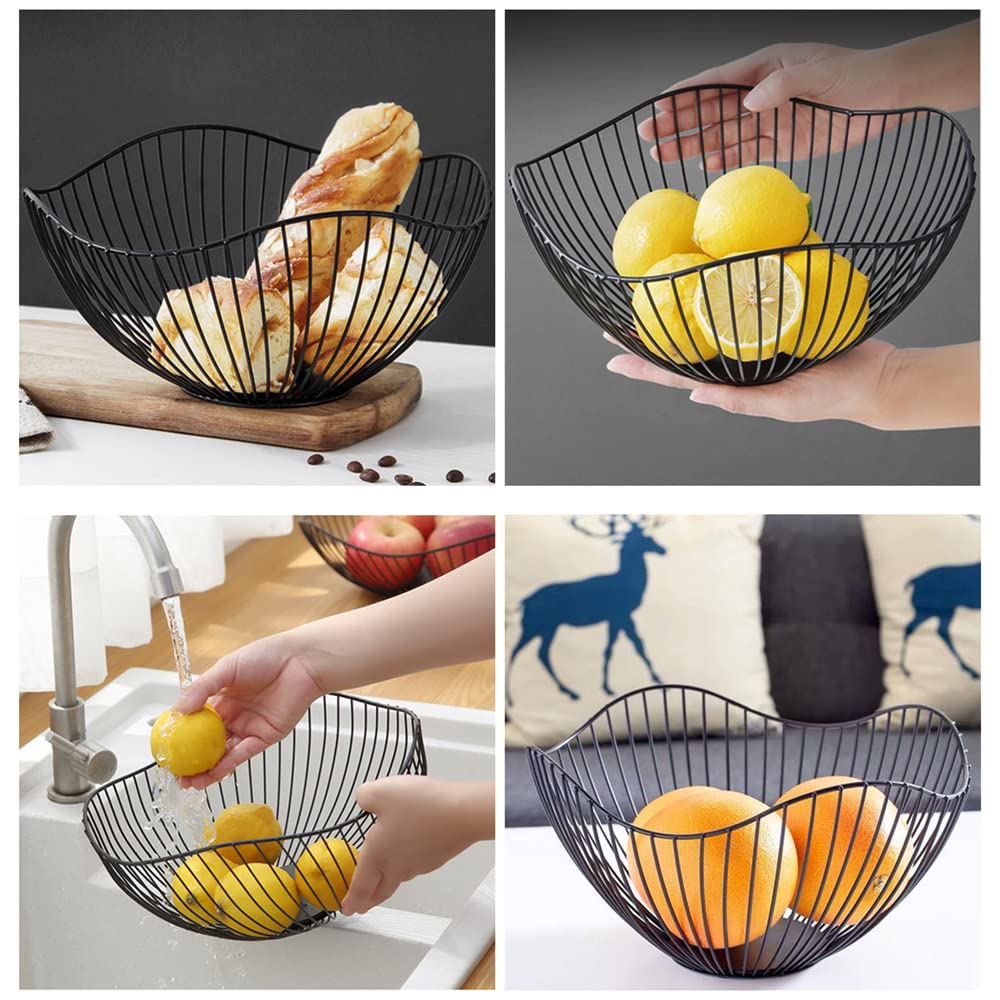 NatureMan Large Metal Wavy Fruit Basket - Kitchen Counter Storage Bowl for Fruits, Vegetables & Bread - Durable & Stylish Black Design - Perfect for Dining Table, Pantry & Farmhouse Decor