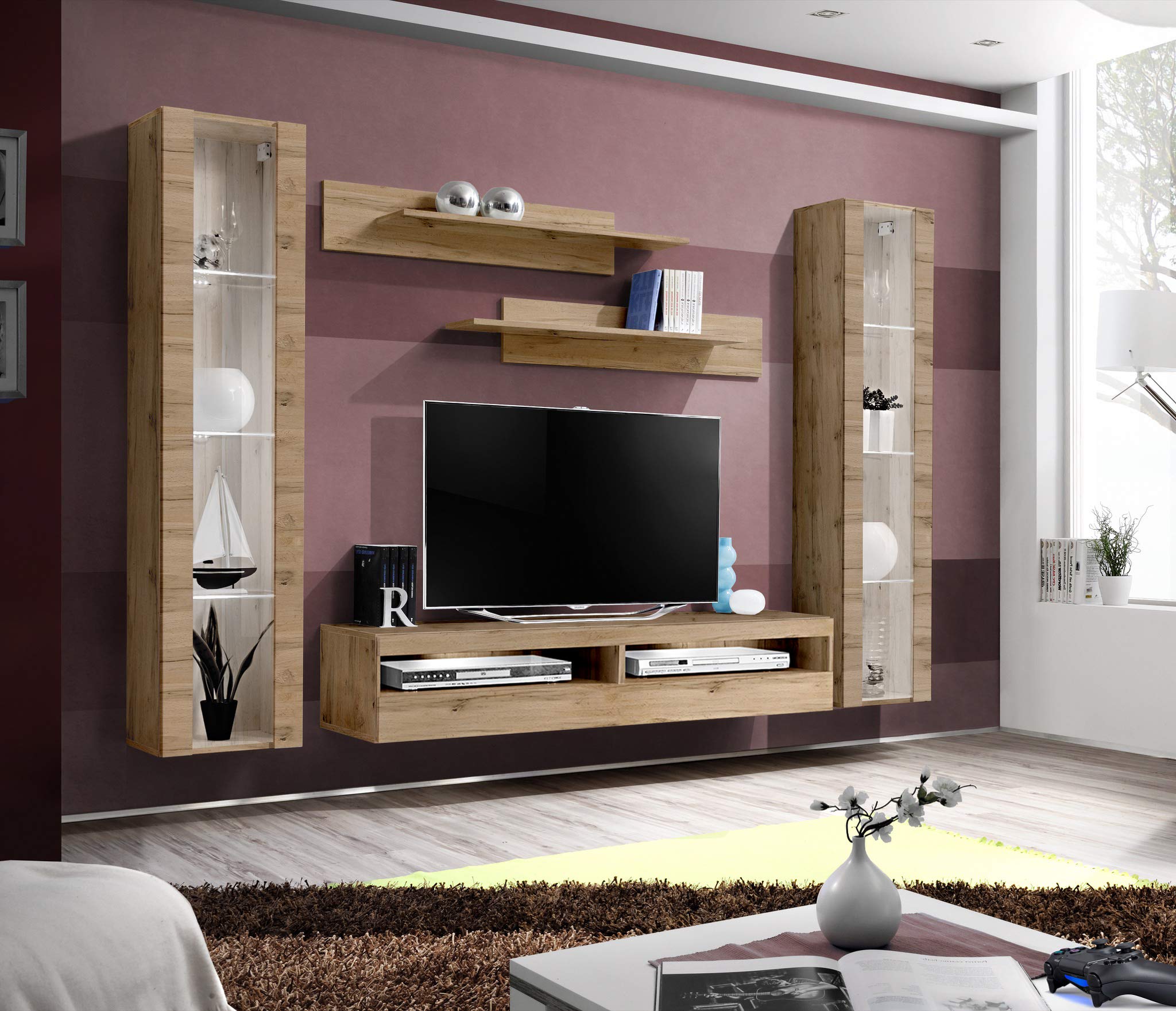 Modern Oak Floating TV Stand with Storage & LED Lights - Wall-Mounted Entertainment Center for Living Room & Bedroom - Space-Saving TV Console with Shelves (Perfect for Small Apartments & Home Theaters)