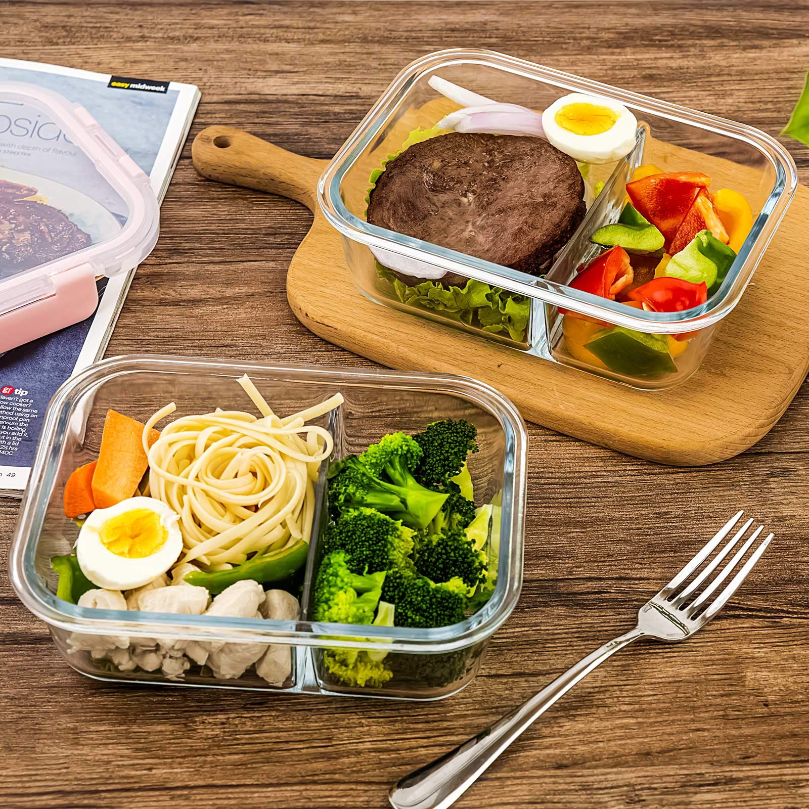 Crest Glass Meal Prep Containers 2 Compartment Set - 5-Pack 34oz Bento Boxes for Adults with Lids | Reusable Divided Glass Lunch Containers for Office, Meal Prepping & Healthy Eating