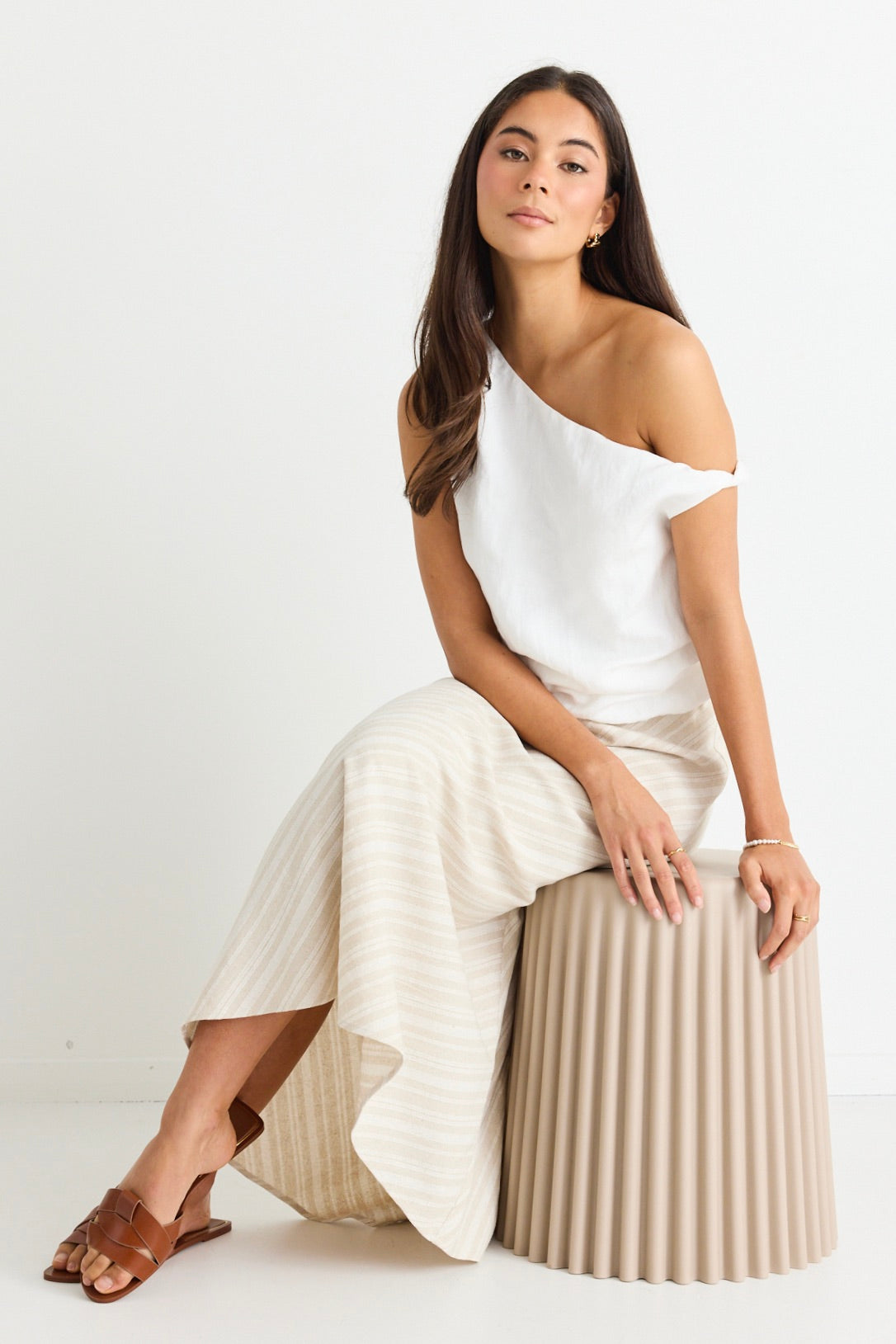 Elegant Ivory Linen Blend Off Shoulder Sleeveless Top for Women - Perfect for Summer Beach, Date Night & Casual Outings