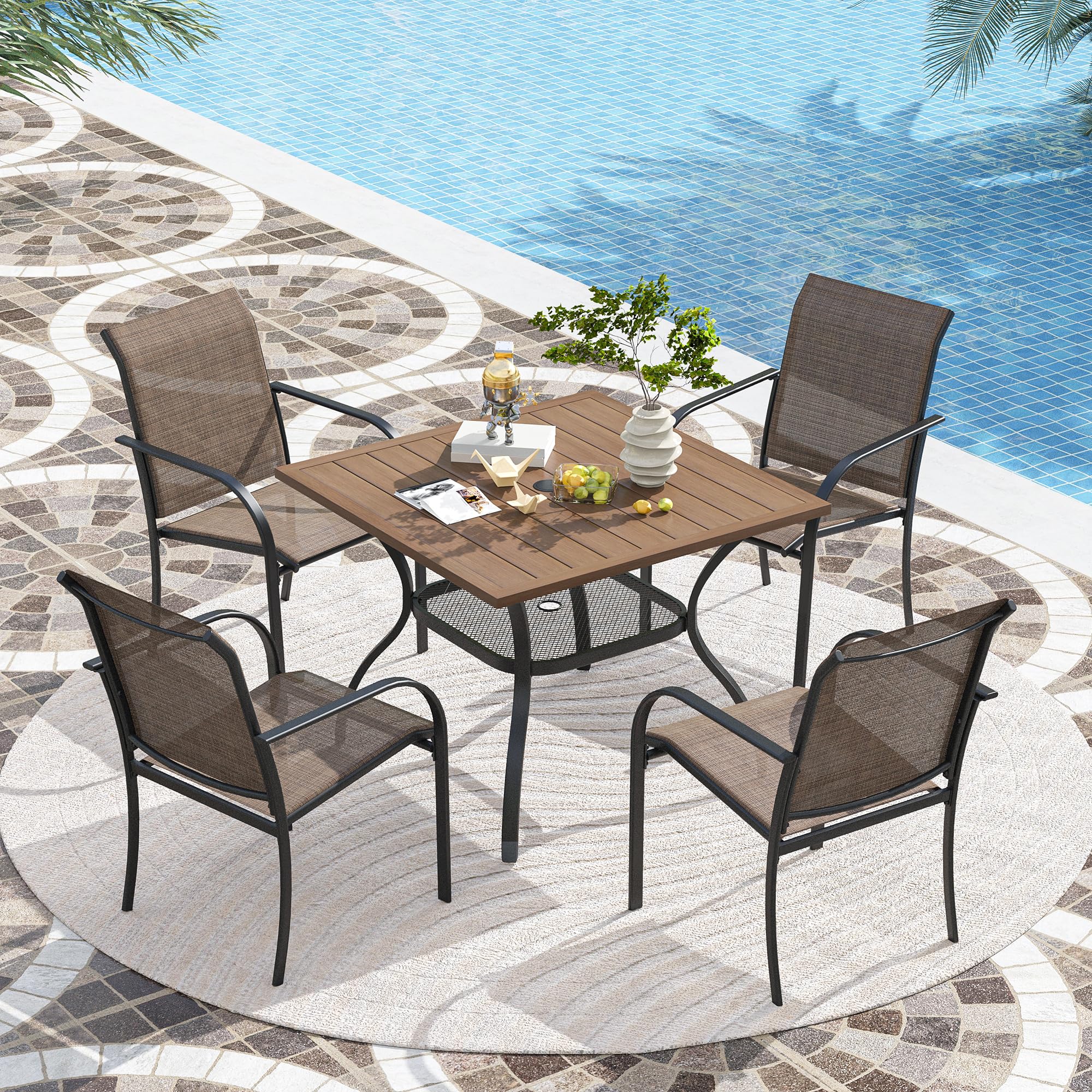 VICLLAX 4-Person Outdoor Patio Dining Table - Square Metal Slatted Design with Storage Shelf & Umbrella Hole - Weather-Resistant Walnut Finish - Perfect for Backyard, Deck, Garden & Poolside Dining