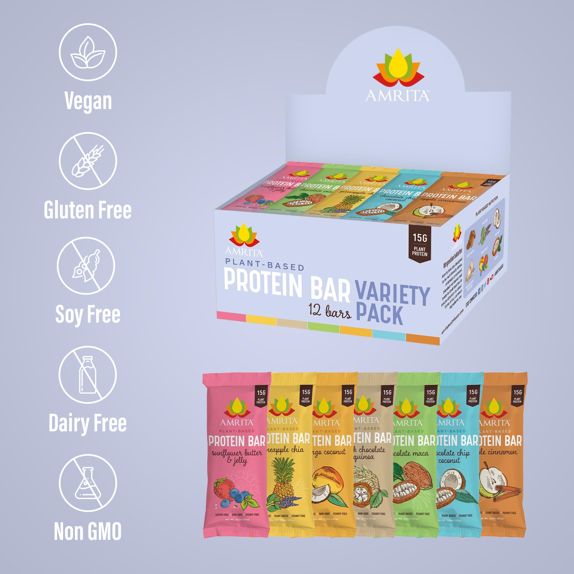 AMRITA Vegan Protein Bars Variety Pack (6 Flavors) - Peanut Free, Dairy Free, Soy Free, Gluten Free | 15g Plant-Based Protein, High Fiber, No Sugar Added | Meal Replacement, Breakfast Snack, Post-Workout Fuel | Perfect for Gym, Office & On-the-Go Nutrition