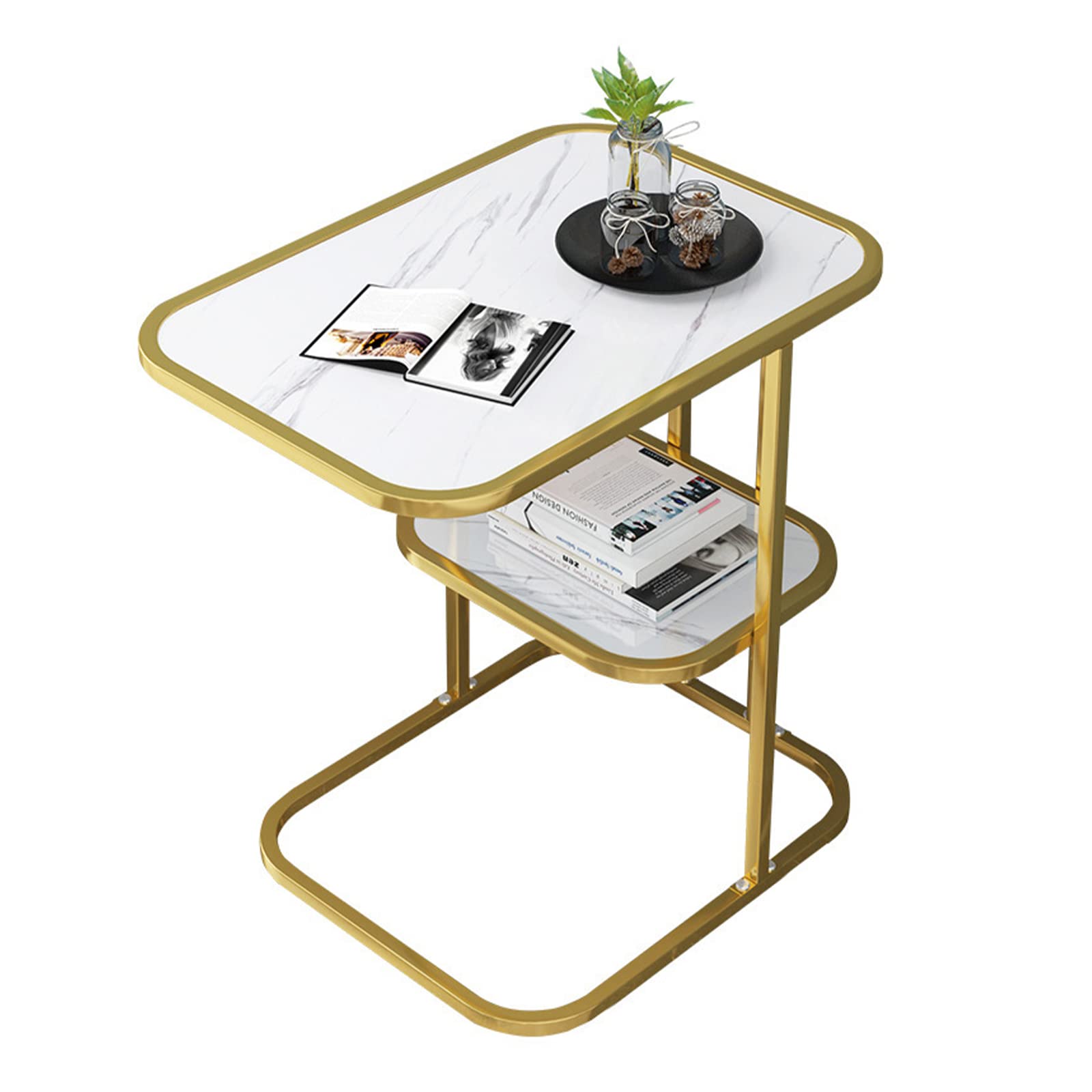 Fetcoi Marble C-Shaped End Table - 19.6x11.8 Inch Small Side Table with Gold Accents, 22.8 Inches Height - Multi-Functional TV Tray, Laptop Stand, Nightstand for Living Room, Bedroom, Office (White & Gold) - Perfect for Small Spaces, Couches, Recliners & Chairs