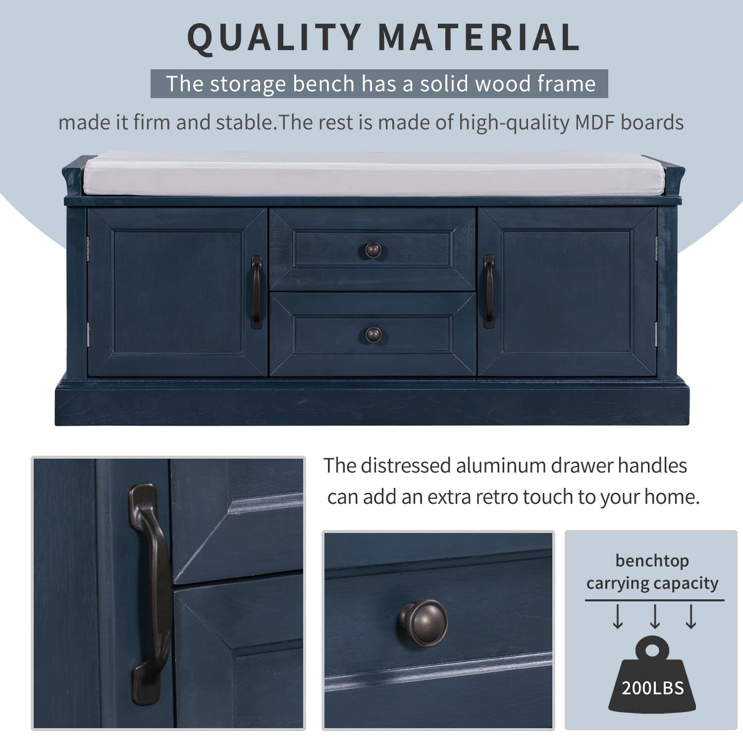 Wooden Shoe Storage Bench with 2 Drawers & 2 Cabinets - Entryway Organizer with Removable Cushion - Perfect for Hallway, Bedroom, and Mudroom Organization