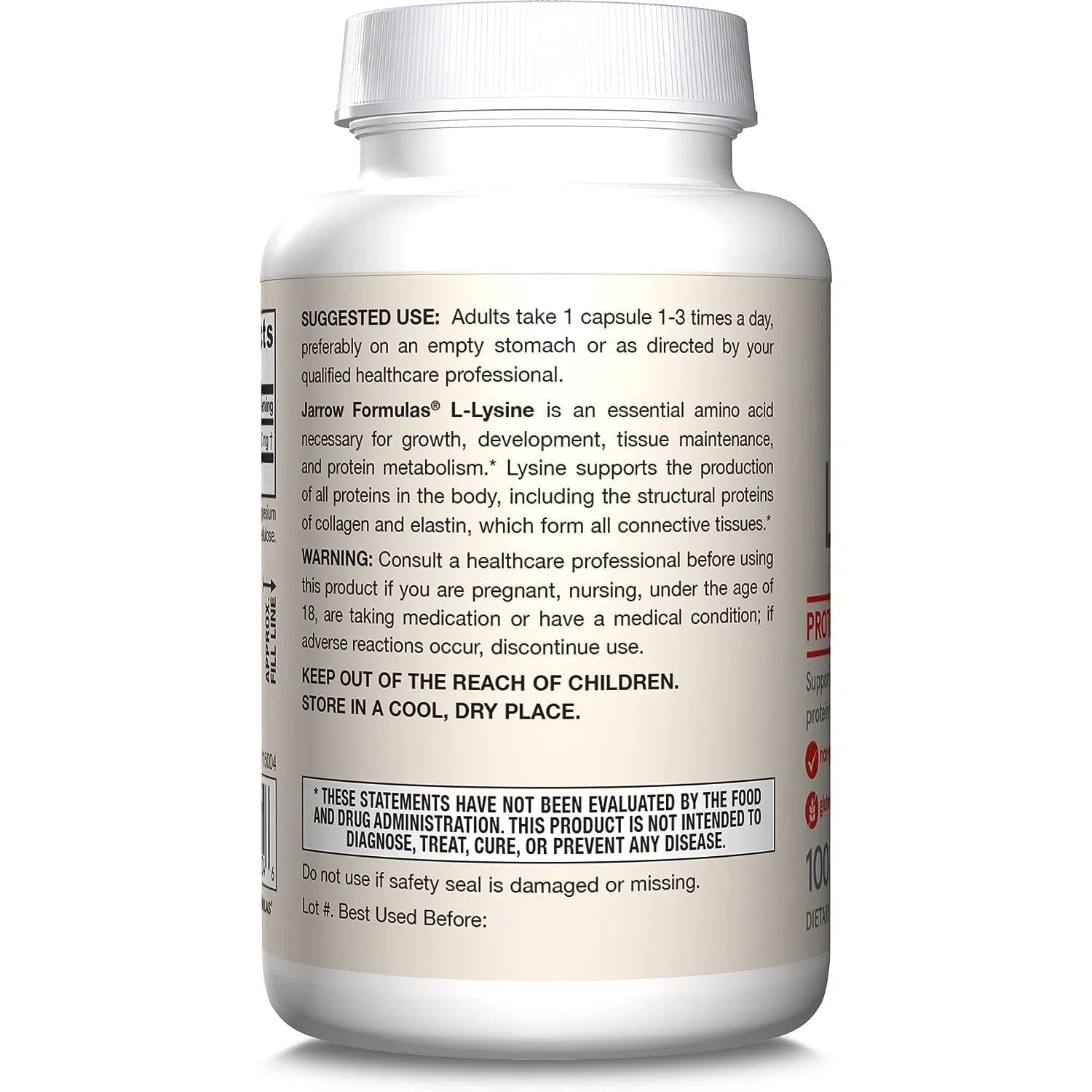 Jarrow Formulas L-Lysine 500mg Supplement - Supports Immune System & Collagen Production - Ideal for Cold Sores, Skin Health & Fitness Recovery
