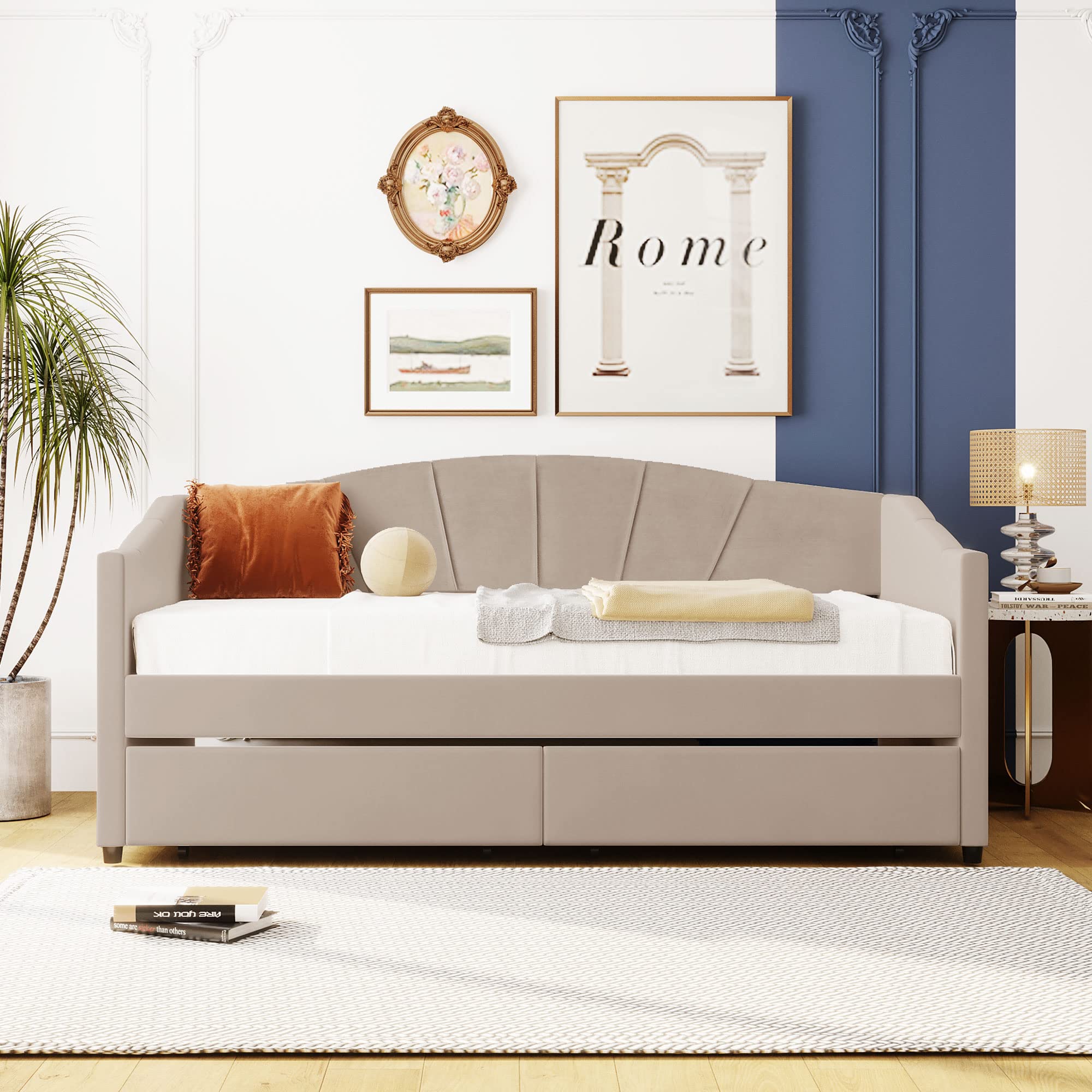 Merax Twin Size Upholstered Daybed with 2 Drawers & Wood Slat Support - Beige Modern Sofa Bed for Guest Room, Dorm, or Small Space