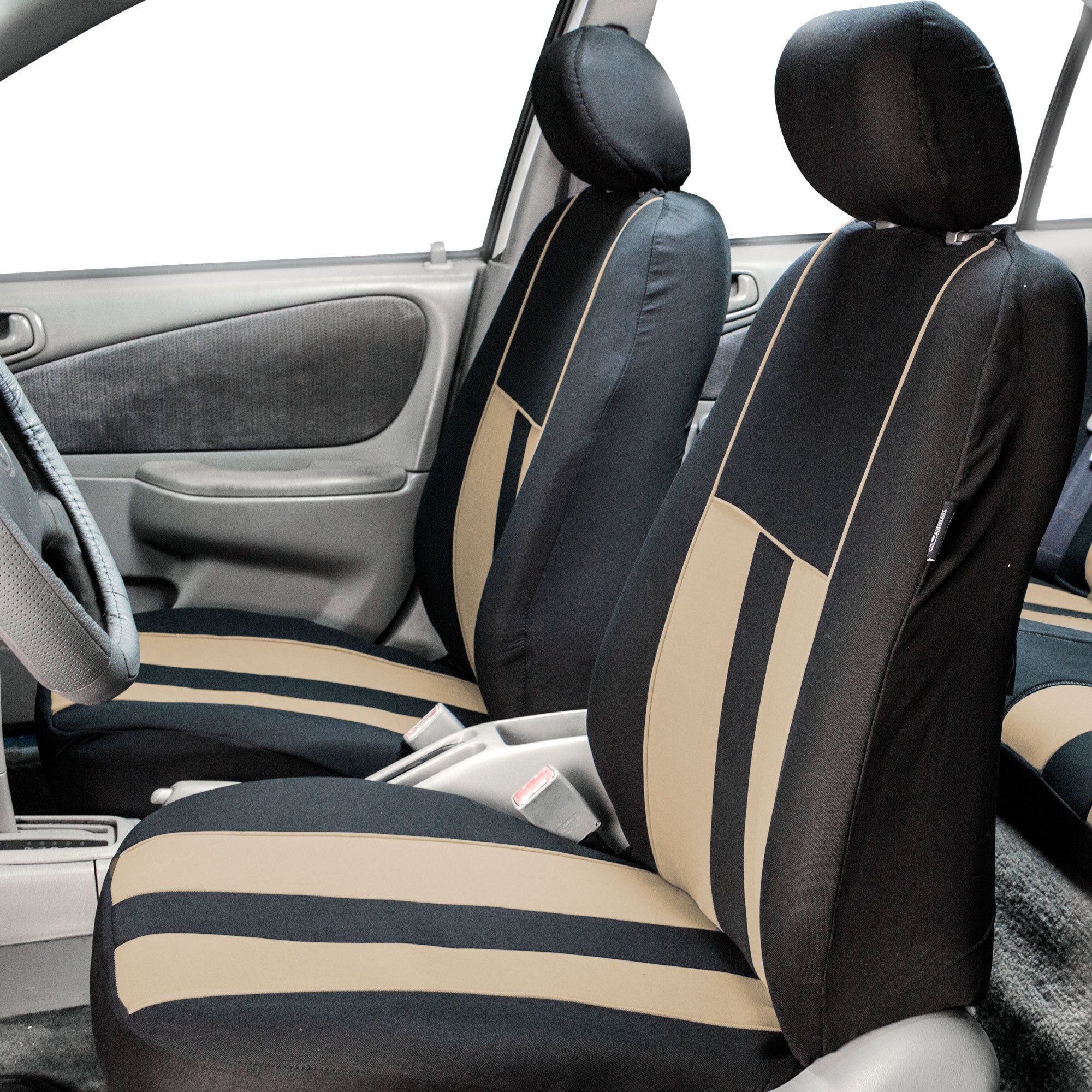 Premium FH Group Beige Striped Universal Car Seat Covers - Full Set with Airbag Compatibility & Split Rear Design | Perfect for Cars, Trucks & SUVs | Durable Interior Accessories for Daily Commute, Road Trips & Family Protection