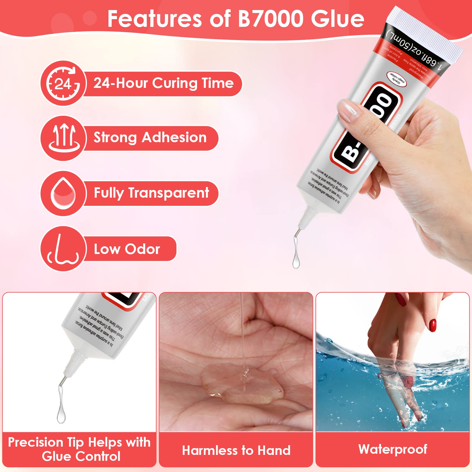 4 PCS 50ML B7000 Super Strong Clear Glue - Multipurpose Flexible Adhesive for DIY Jewelry, Rhinestones, Beads, Fabric, Shoes & Phone Screen Repair - Perfect for Crafts, Nail Art & Home Fixing Projects