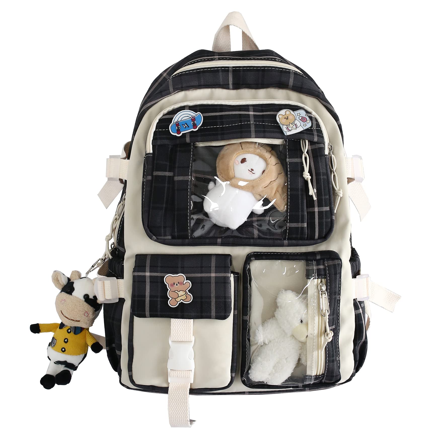 Kawaii Checkered Backpack for Girls - Stylish School Bookbag & Pin Accessories for Teens