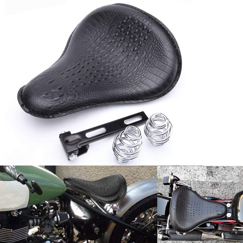 Black PU Leather Alligator Motorcycle Seat with Chrome Spring Bracket Kit for Harley Sportster Chopper Bobber - Slim Solo Driver Seat for Custom Bike Builds & Urban Cruising