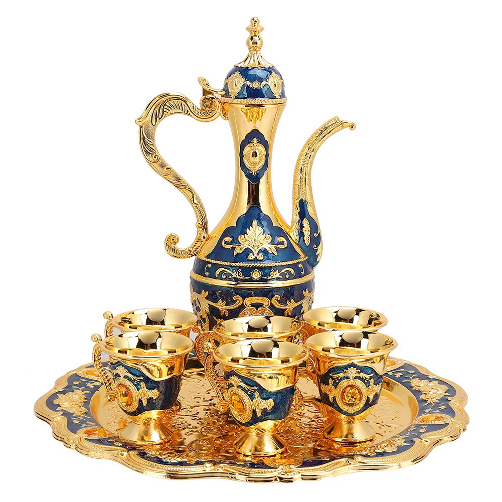 Vintage Turkish Tea Set with Gold Coffee Pot & 6 Cups - Elegant Metal Tea Set with Tray for Home, Bar, Tea Party, Wedding Gift - Perfect for Turkish Coffee Ceremonies & Afternoon Tea Gatherings