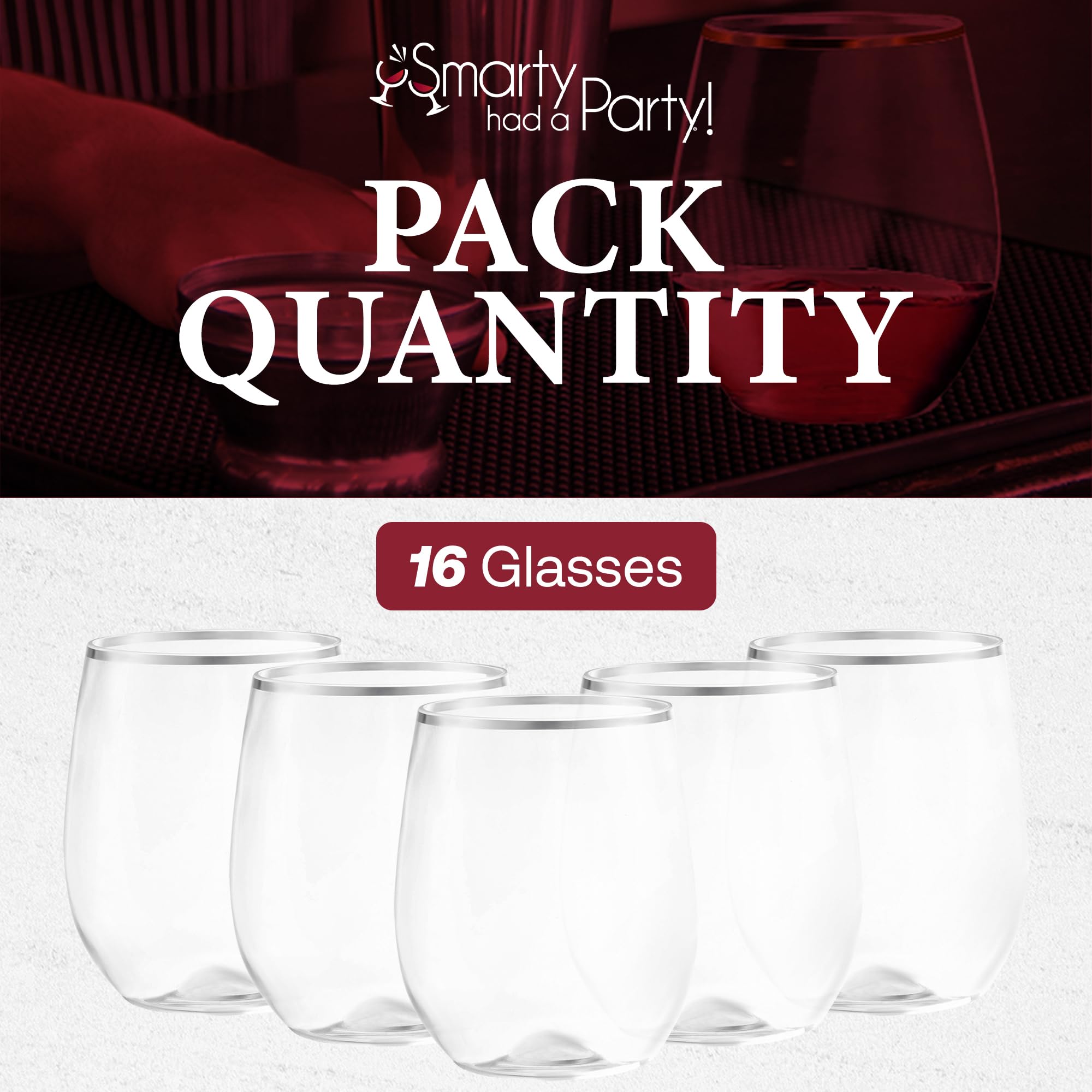 64 Pack Clear Stemless Plastic Wine Glasses 12oz with Silver Rim - Unbreakable Disposable Drinkware for Weddings, Parties, Events - Perfect for Outdoor Gatherings, Picnics & BBQs