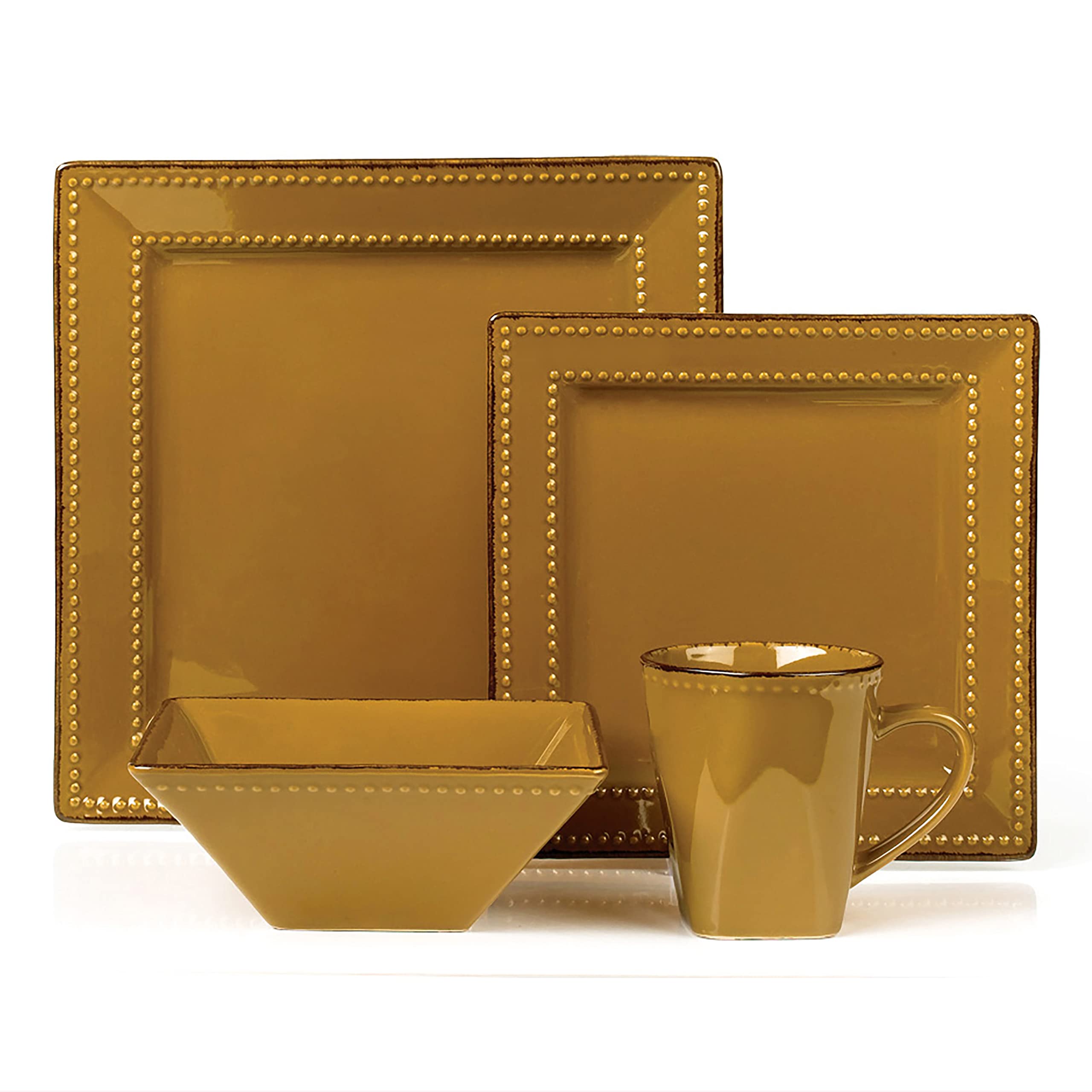 16-Piece Square Beaded Stoneware Dinnerware Set - Elegant Mocha Tableware for Dinner Parties, Wedding Receptions & Holiday Entertaining - Durable Chip-Resistant Dish Set for 4 People