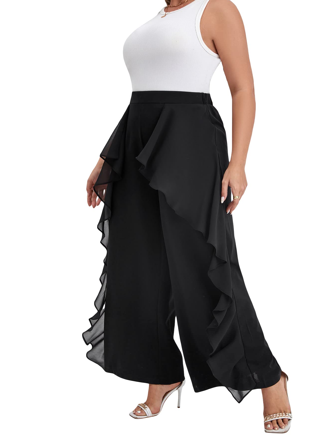 WDIRARA Women's Plus Size Ruffle Trim Elastic Waist Wide Leg Stretch Pants - Comfortable Casual Lounge Pants for Work, Travel & Home Wear