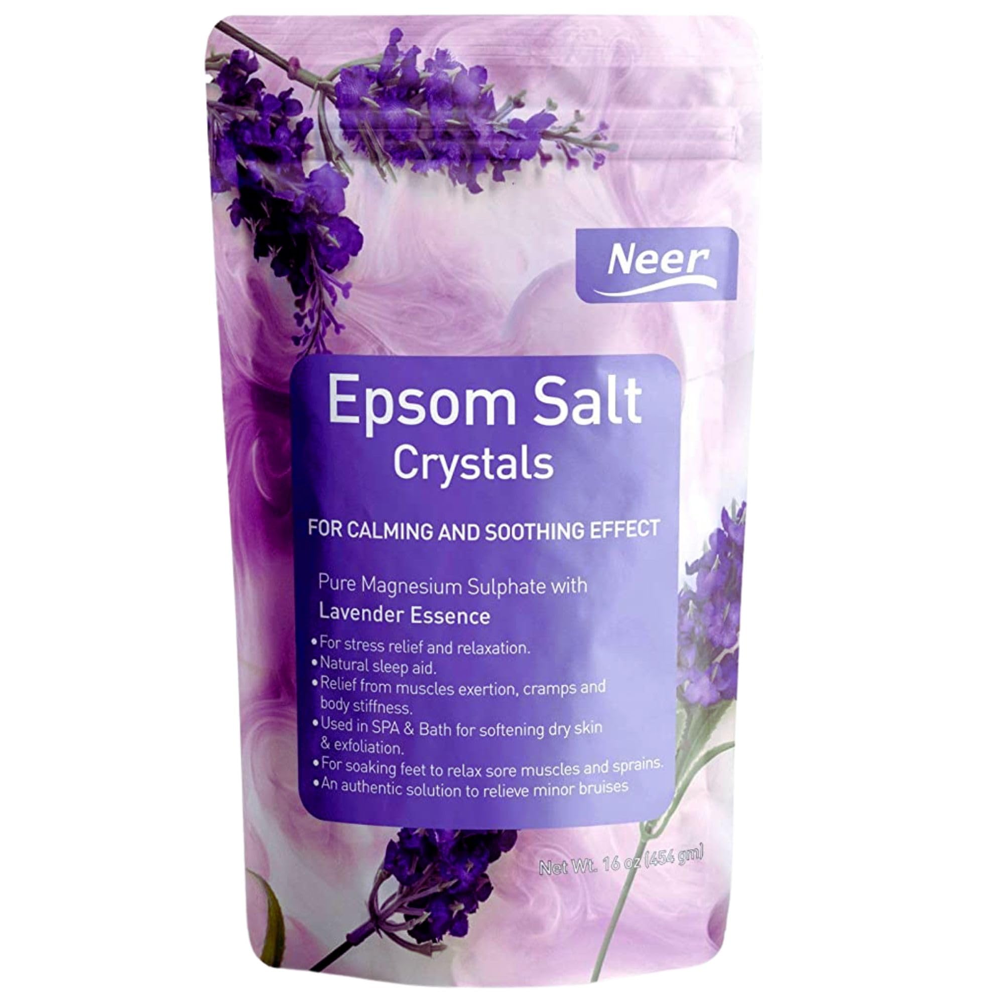 NEERCHEM Lavender Epsom Salt Crystals - 16oz (454g) Pure Magnesium Sulfate for Relaxation, Muscle Recovery & Stress Relief | Perfect for Bath Soak, Foot Soak & Aromatherapy Spa at Home