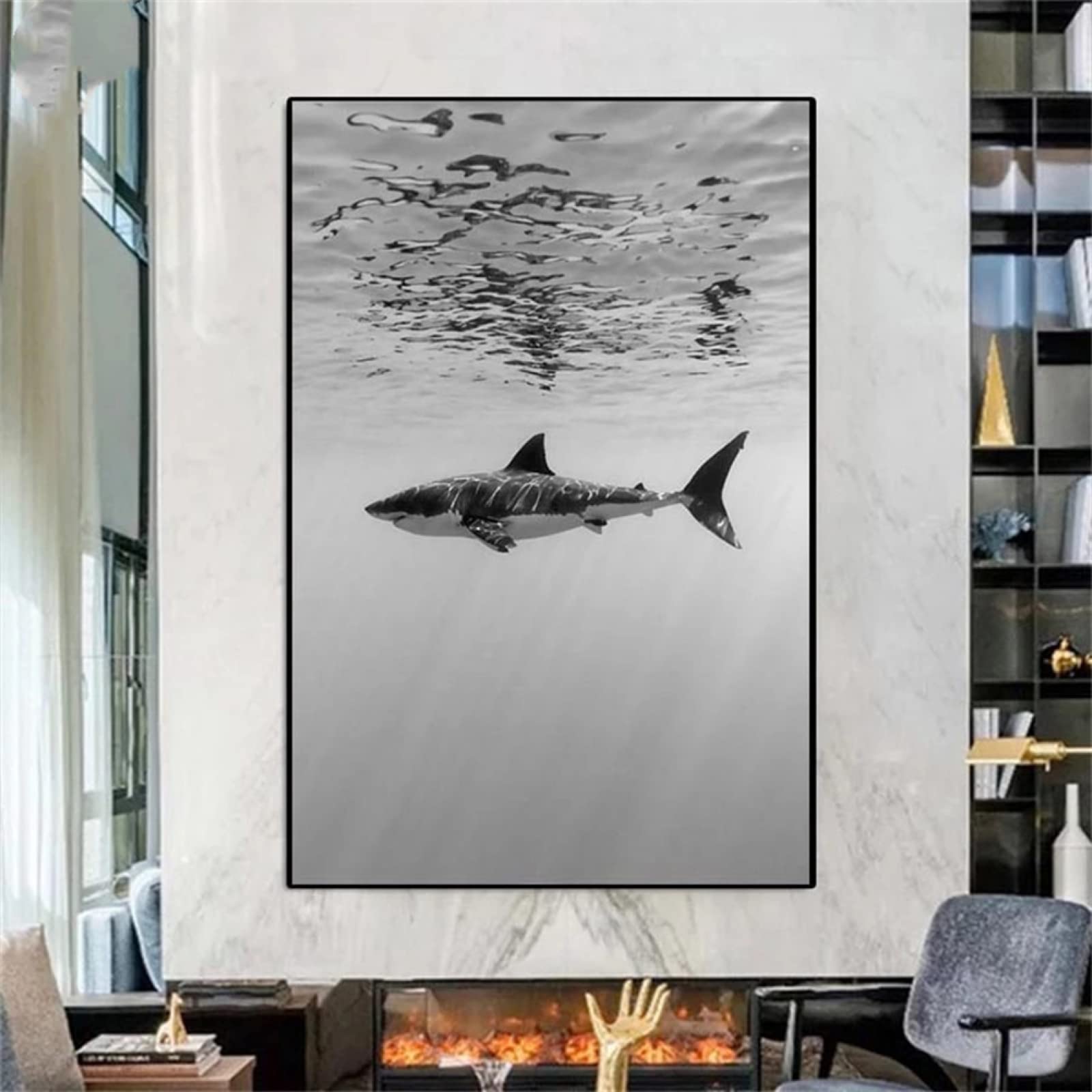 5D Diamond Painting Kit - Black White Shark Landscape (20x24 Inch) - Full Round Drill DIY Art Craft for Kids & Adults - Wall Decor Home Art (50x60cm) - Perfect for Stress Relief, Gift Giving & Creative Home Decoration