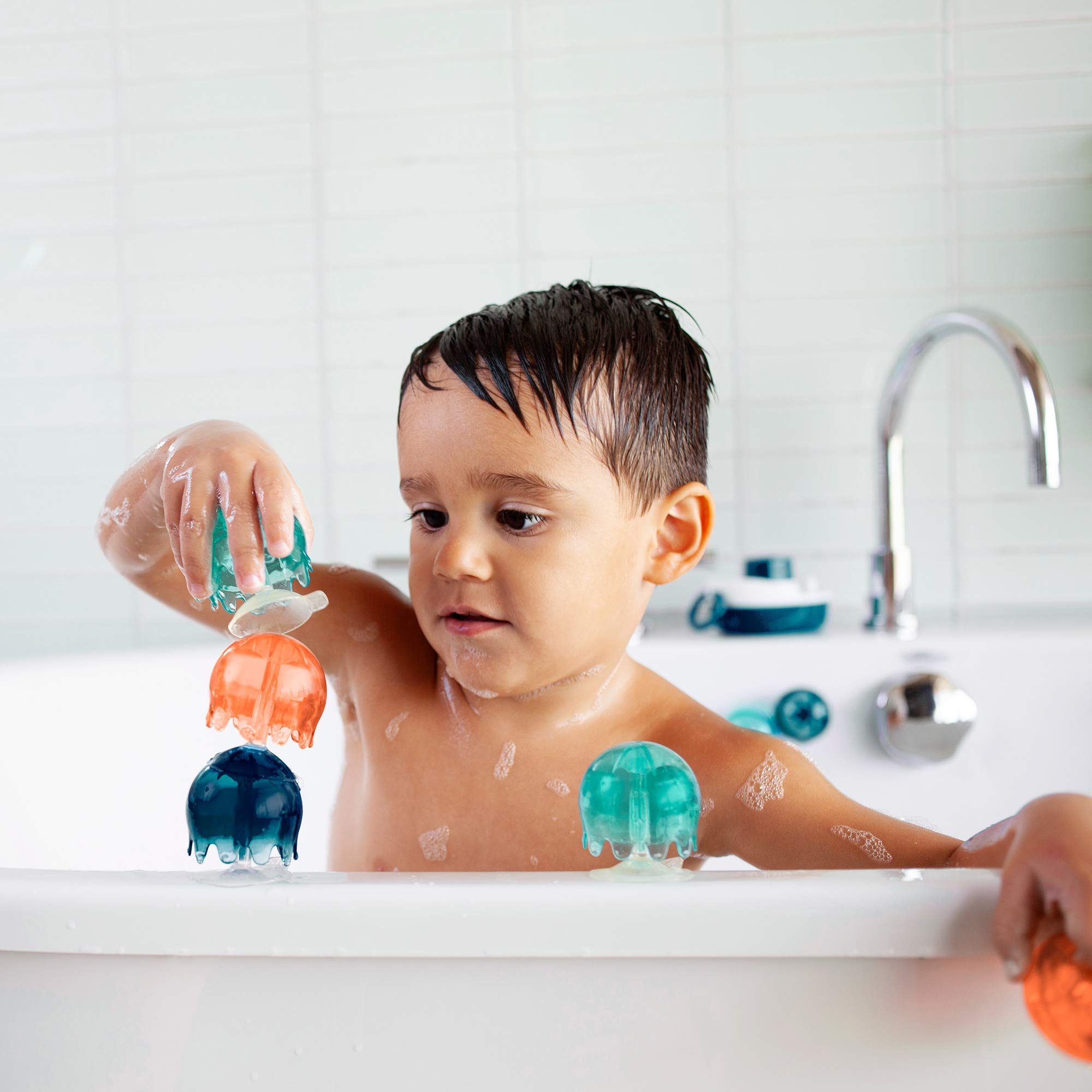 Boon Jellies Suction Cup Bath Toys for Babies & Toddlers - 9-Piece Sensory Bathtub Toy Set with Jellyfish Design (Navy/Coral) - Safe for Ages 12+ Months - Fun Bath Time Learning & Water Play Activity