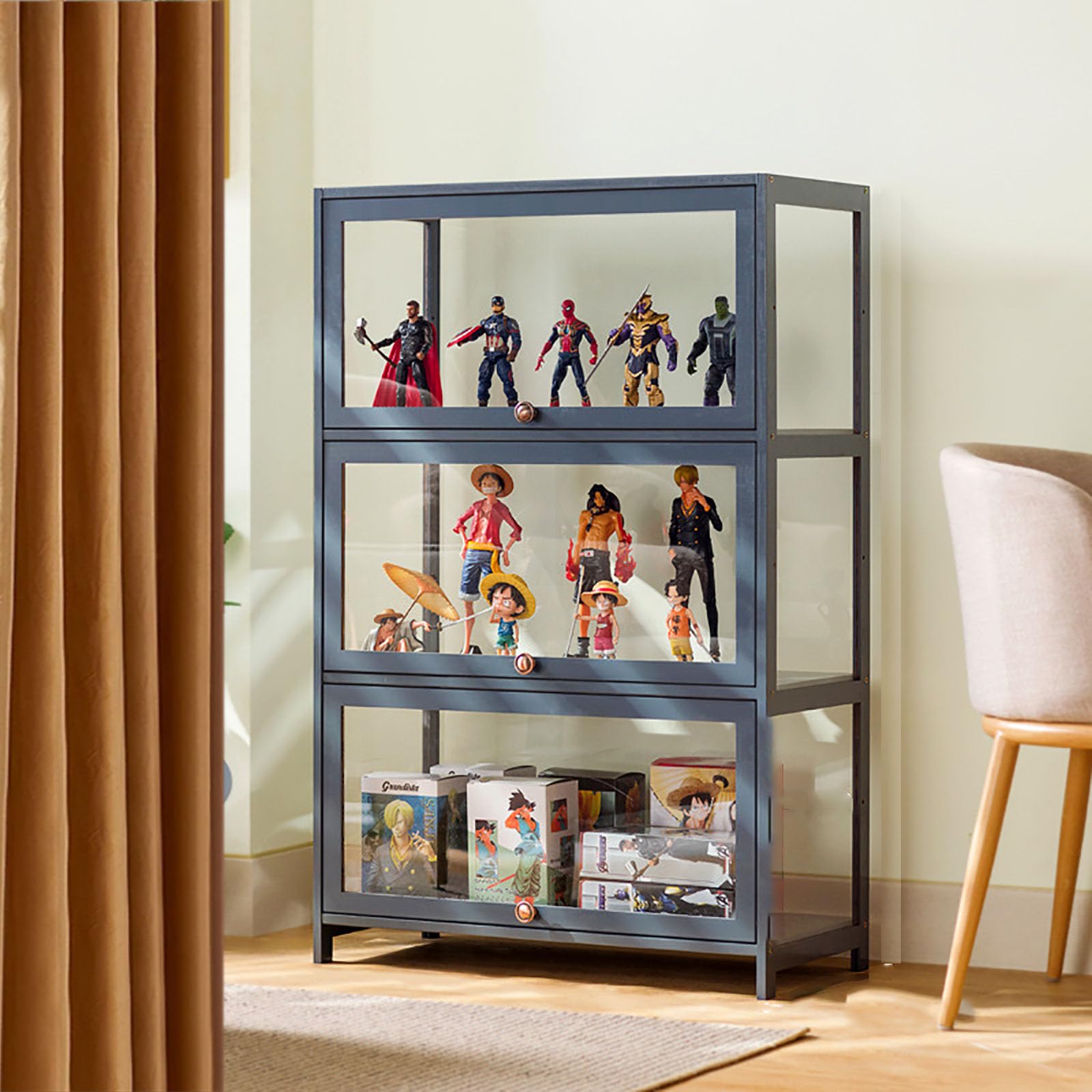 Gray Glass Curio Display Cabinet with Acrylic Door - 80x106cm Large Collectibles Organizer Shelf for Toys, Figurines & Memorabilia - Perfect for Living Room, Office or Game Room Display
