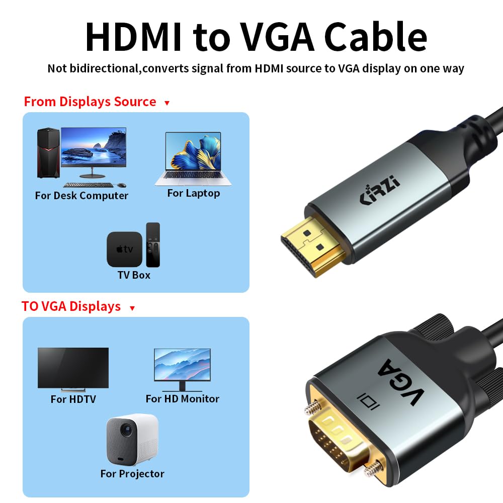 HDMI to VGA Cable 3ft - Uni-Directional HDMI Male to VGA Female Adapter Converter for Computer, Laptop, Monitor, Projector, TV - Ideal for Home Office, Gaming & Presentations