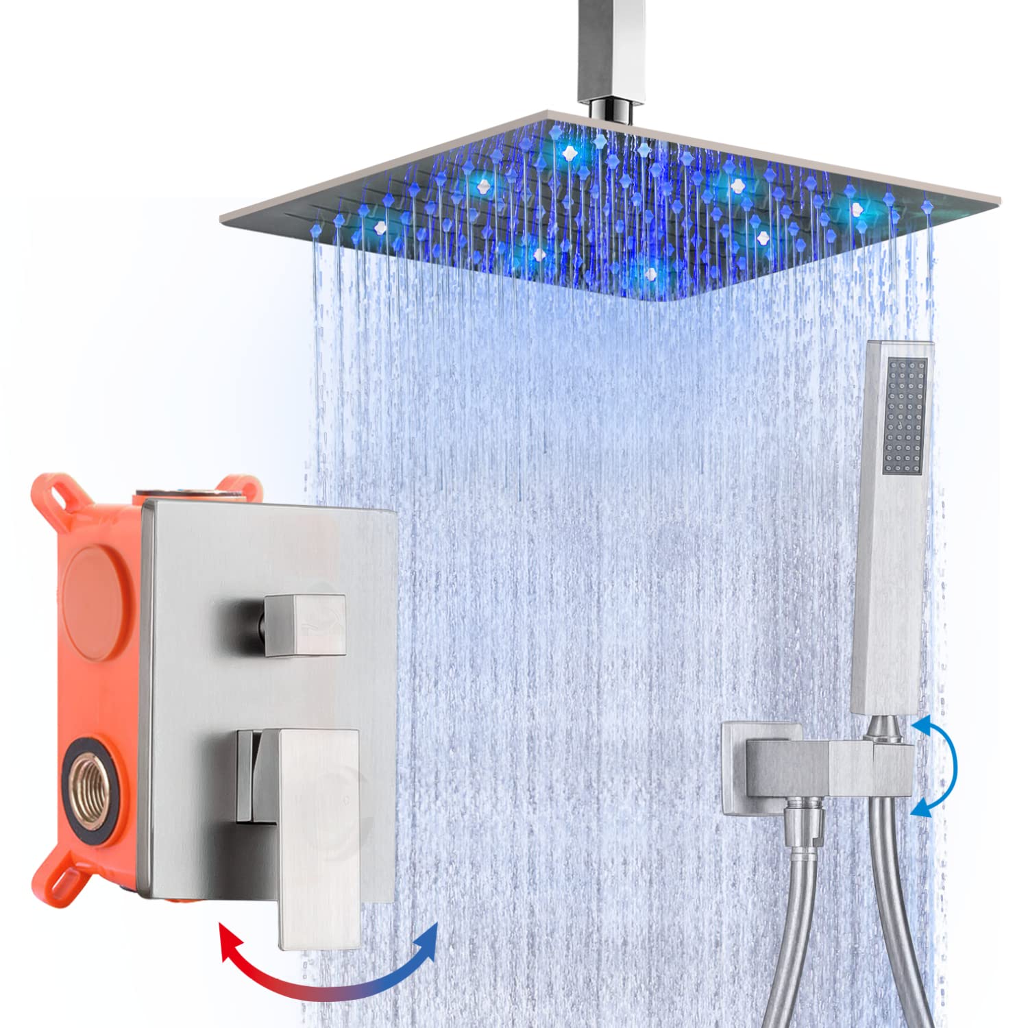 BANGPU 10 Inch LED Rainfall Shower Head with Handheld Combo - Brushed Nickel Ceiling Mount Shower System for Luxurious Spa-Like Bathroom Experience | Perfect for Master Bath, Hotel Style Bathrooms & Relaxing Rain Shower
