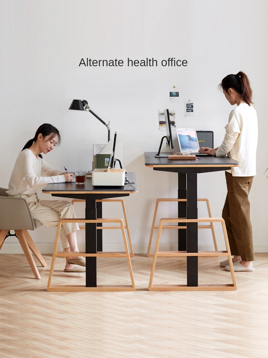 Premium Oak Solid Wood Standing Desk with Natural Rock Slab Top - Ergonomic Adjustable Height Home Office Desk for Work & Study