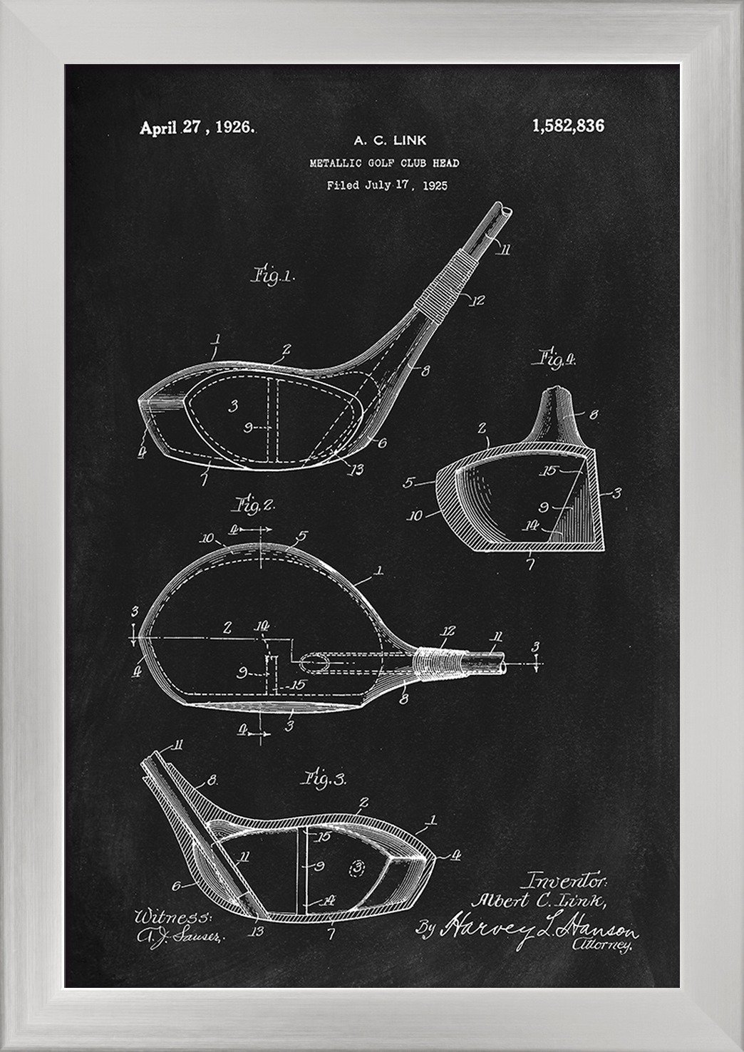 Premium Golf Club Driver Blackboard Patent Art Print - 12x18 Inch Giclee Fine Art on Recycled Wood Frame with Silver Finish | Perfect for Golf Lovers & Man Cave Decor