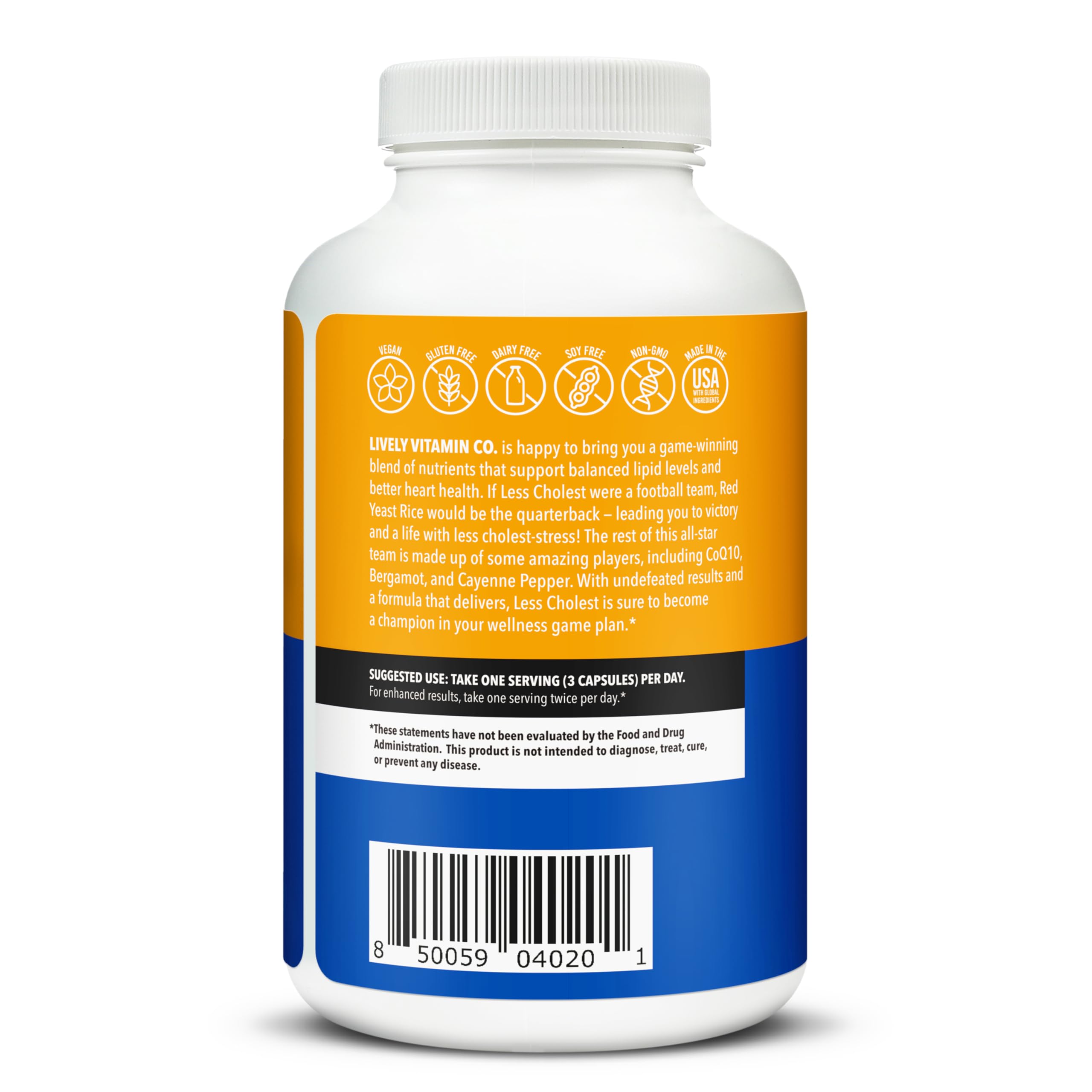 LIVELY VITAMIN CO. Cholesterol Support Supplement - Natural Statin-Free Formula with Red Yeast Rice, Bergamot, Resveratrol & CoQ10 - Promotes Heart & Circulatory Health - 180 Vegan Capsules - Gluten, Dairy & Soy Free - Perfect for Heart Health Maintenance & Cardiovascular Support