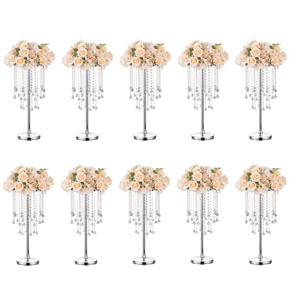 Elegant 10-Piece Silver Metal Flower Stand Wedding Centerpieces with Chandelier Crystals - 23.7 Inch Tall Table Vases for Reception, Event, and Home Decor - Perfect for Weddings, Banquets, and Luxury Interior Design