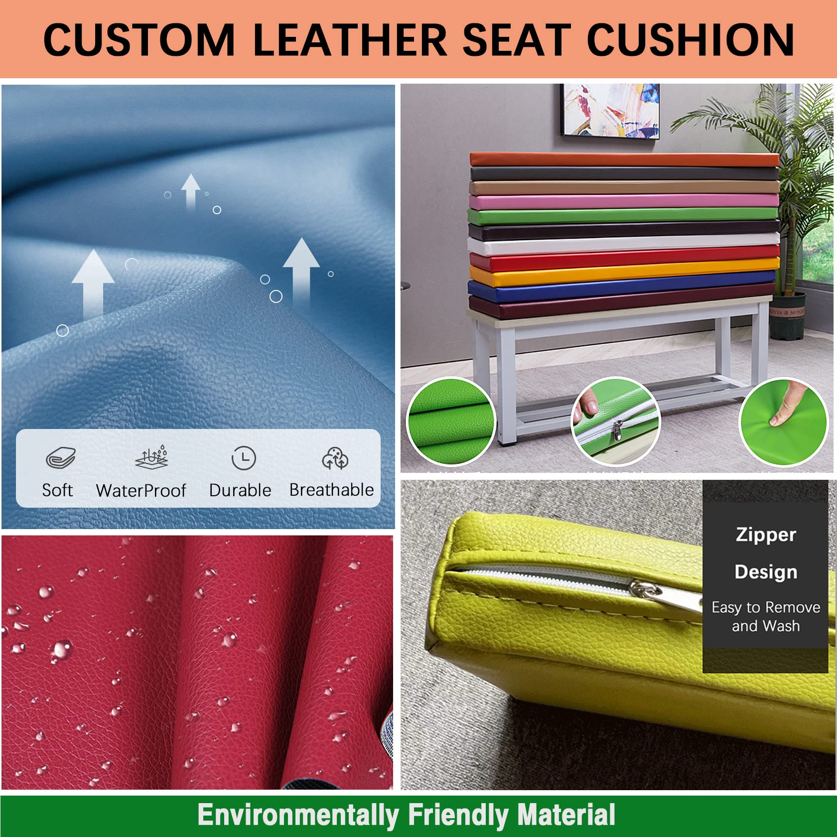 Custom Size Memory Foam Seat Cushion with Removable Waterproof Leather Cover - Indoor & Outdoor Patio Furniture Bench Cushion (Lake Blue) - Perfect for Living Room, Garden, Deck, and Poolside Relaxation