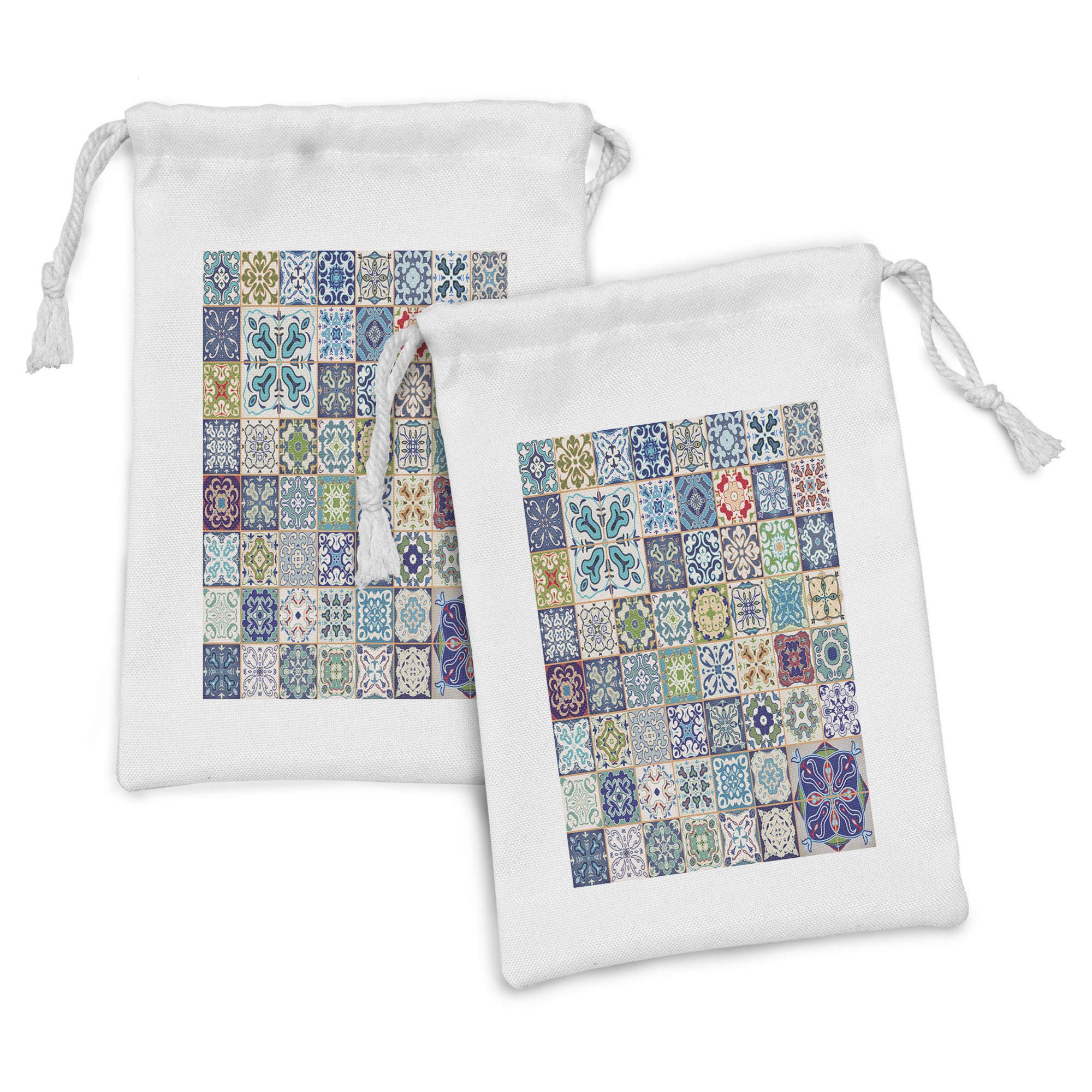 Ambesonne Moroccan Fabric Pouch Set of 2 - Floral Patchwork Design Mediterranean Handmade Drawstring Bags for Toiletries, Jewelry, Masks & Party Favors (9
