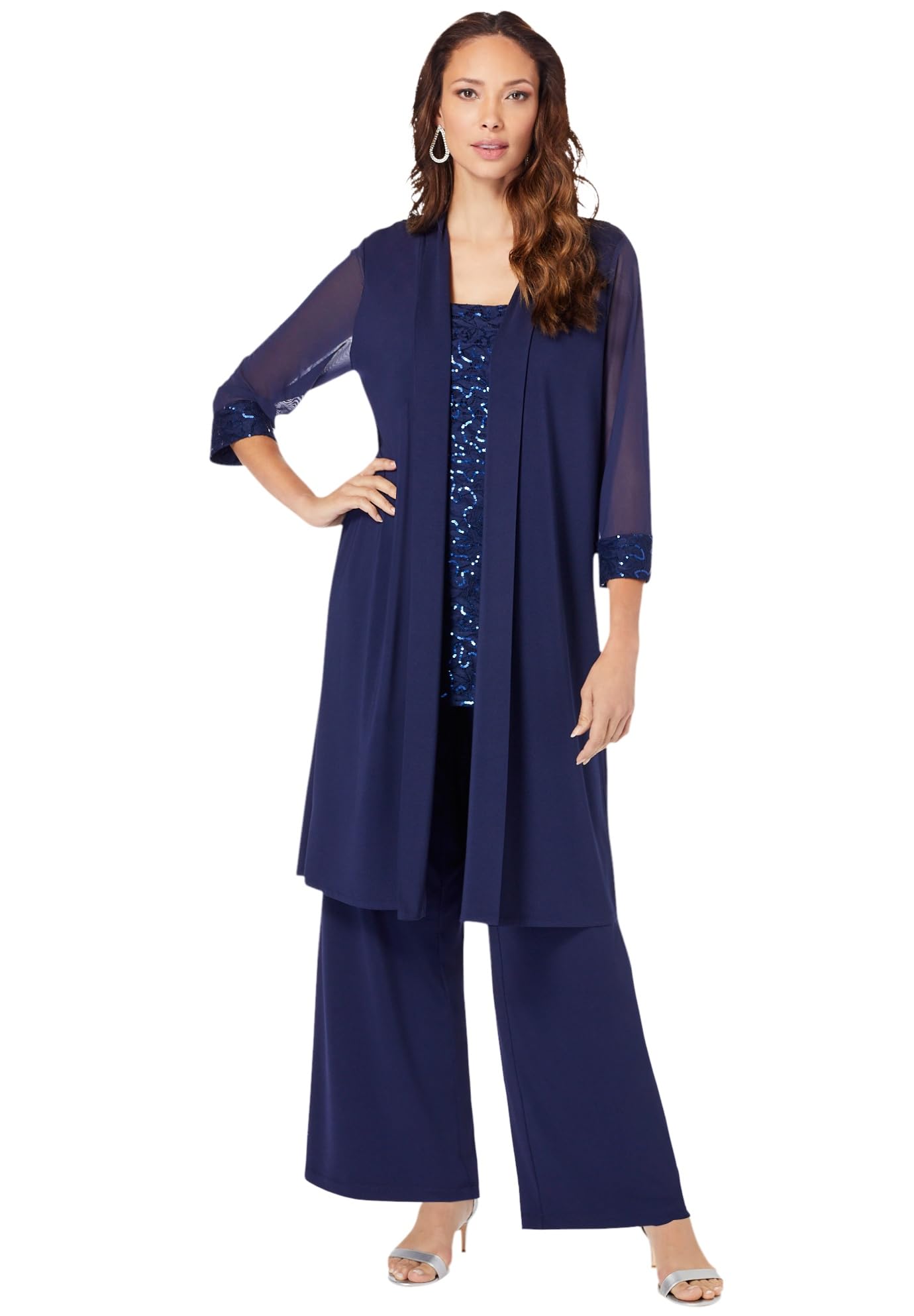 Rooman's Women's Plus Size Ultrasmooth Sequin Duster Pant Set - Elegant Two-Piece Outfit for Evening Parties, Date Nights & Special Occasions