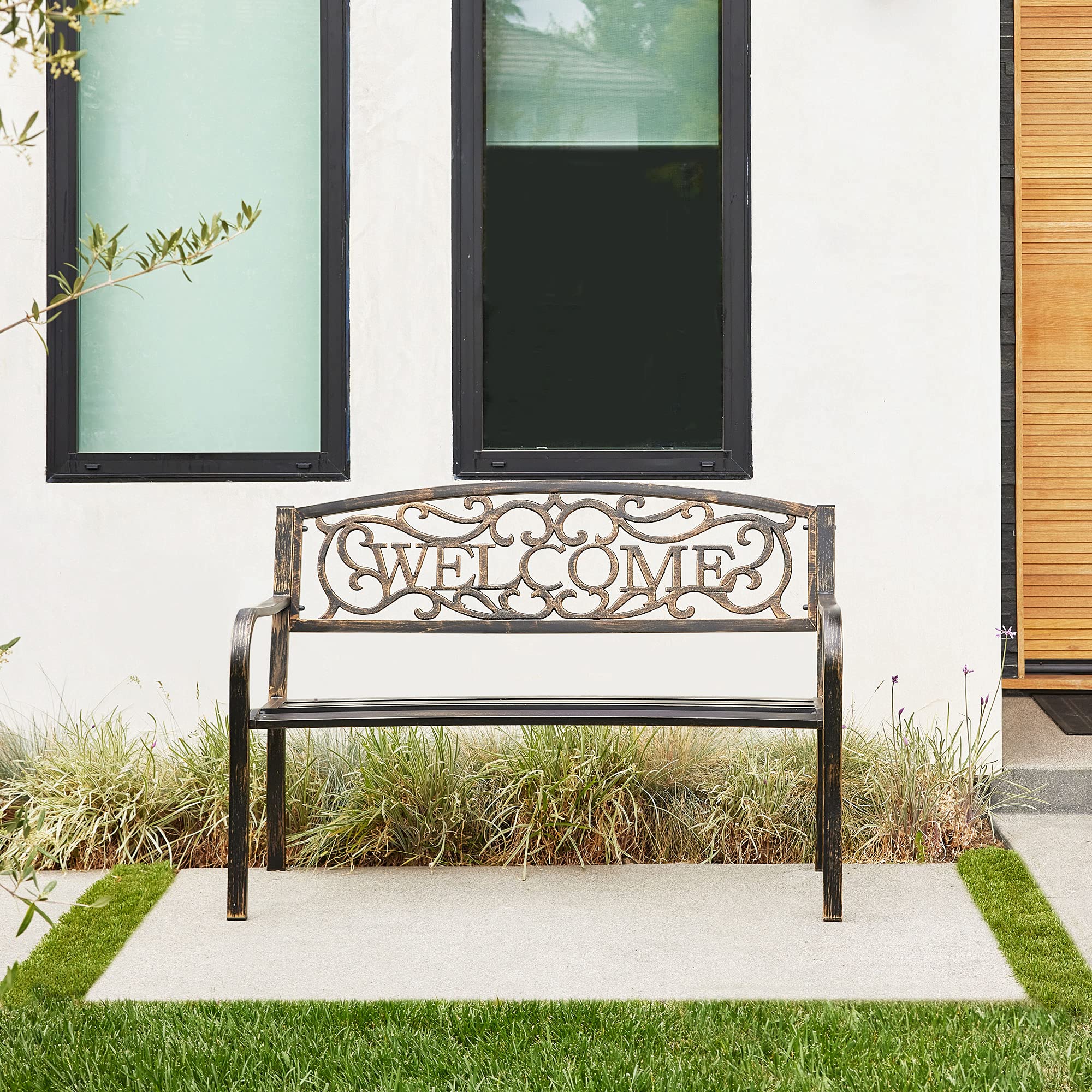 BELLEZE 50 Inch Outdoor Garden Bench - Cast Iron Metal Loveseat with Armrests for Park, Yard, Porch, Lawn, Balcony | Antique Patio Furniture Welcome Design in Brown | Perfect for Relaxing in Gardens, Backyards and Outdoor Spaces