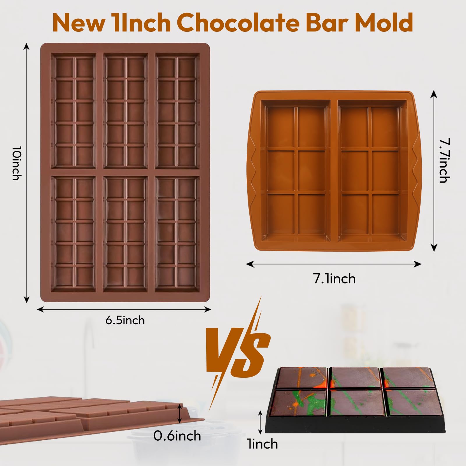 1 Inch Deep Dubai Chocolate Bar Mold - 2PCS Premium Silicone Chocolate Bar Molds with Scraper | Thick Candy Bar Baking Mold for Homemade Snacks & Desserts | BPA Free | Perfect for Valentine's Day Gifts, Party Favors & DIY Chocolate Making