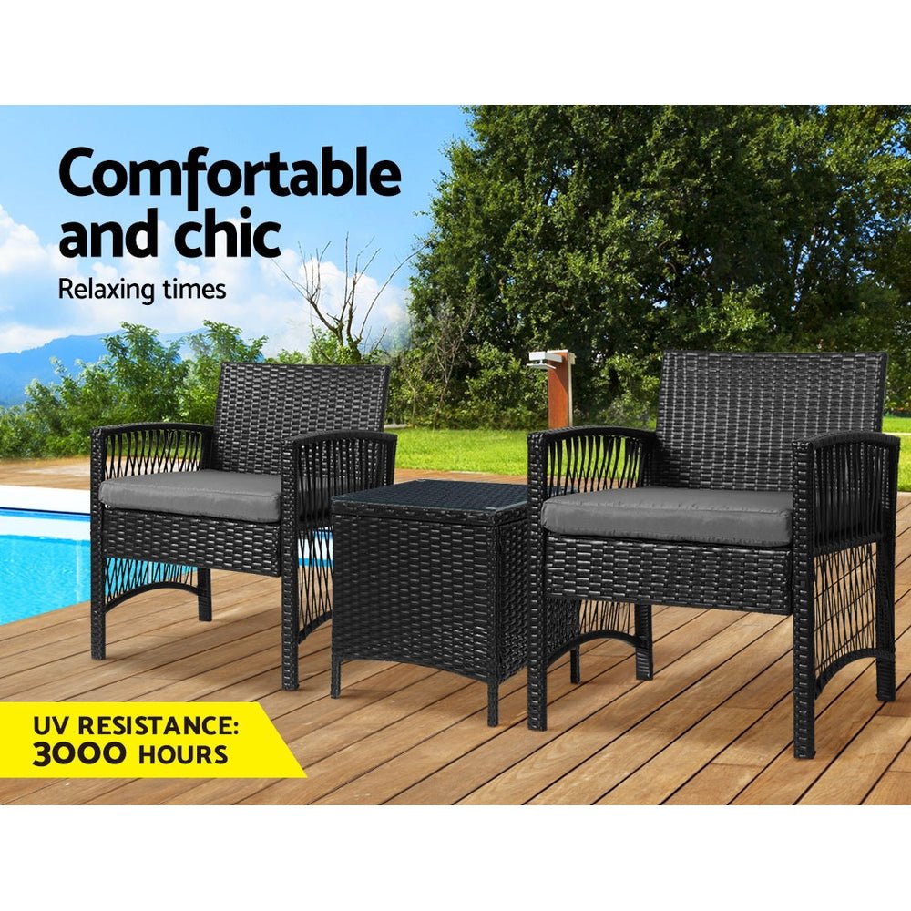 3-Piece Outdoor Bistro Set - Patio Furniture with Wicker Dining Chairs & Table - Black Cushion Included - Perfect for Garden, Balcony, and Backyard Relaxation