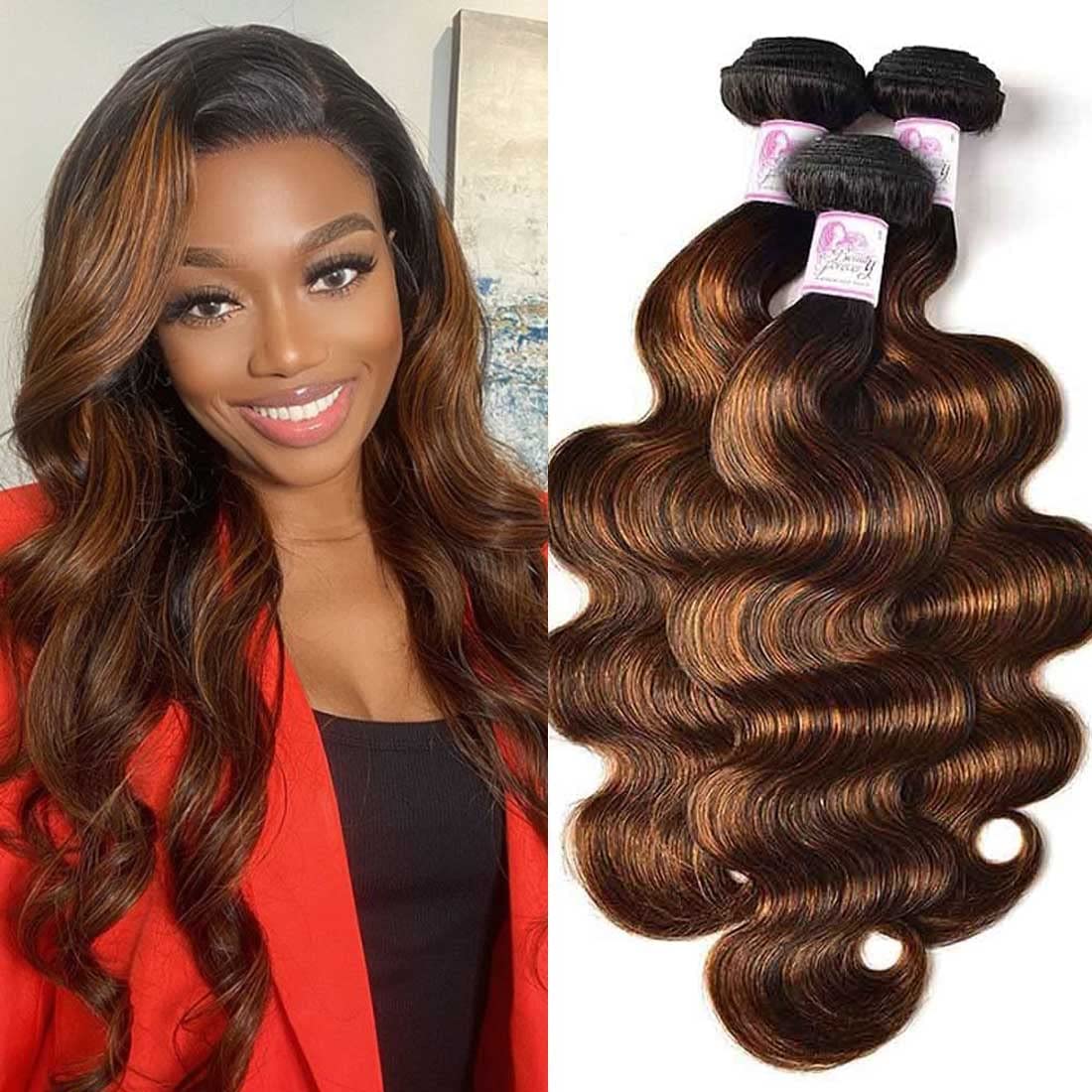 Beauty Forever FB30 Highlight Indian Body Wave Human Hair Weave 3 Bundles (16/18/20 Inch) - Balayage Ombre Blonde Remy Human Hair Extensions for Sew-In - Perfect for Daily Styling, Parties & Special Occasions