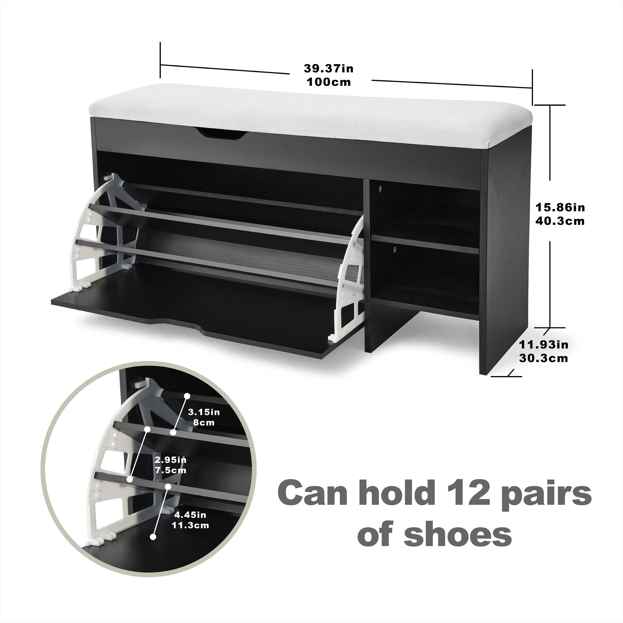 Netstar 3-Tier Shoe Storage Bench with Cushion & Flip Drawer - Lift Top Entryway Organizer for Shoes, Hats & Accessories - Perfect for Hallway, Living Room & Small Space Organization (Black)