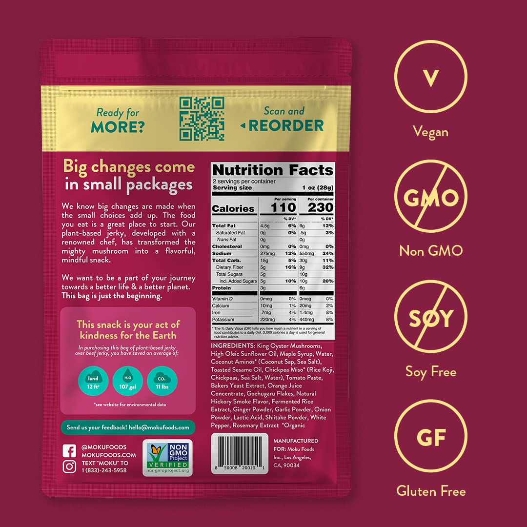 Moku Plant-Based Mushroom Jerky - Korean BBQ Flavor (3 Pack) | Vegan Beef Jerky Alternative | Gluten Free, Soy-Free, Non-GMO Healthy Snacks | No Artificial Sweeteners | 2.0 Oz Each | Perfect for Hiking, Camping & On-the-Go Vegan Snacking